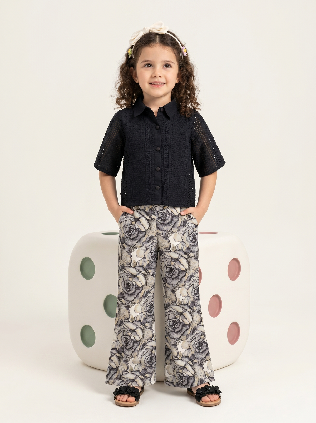Girls Black Eyelet Embroidered Wide Leg Pants Co-Ord Set