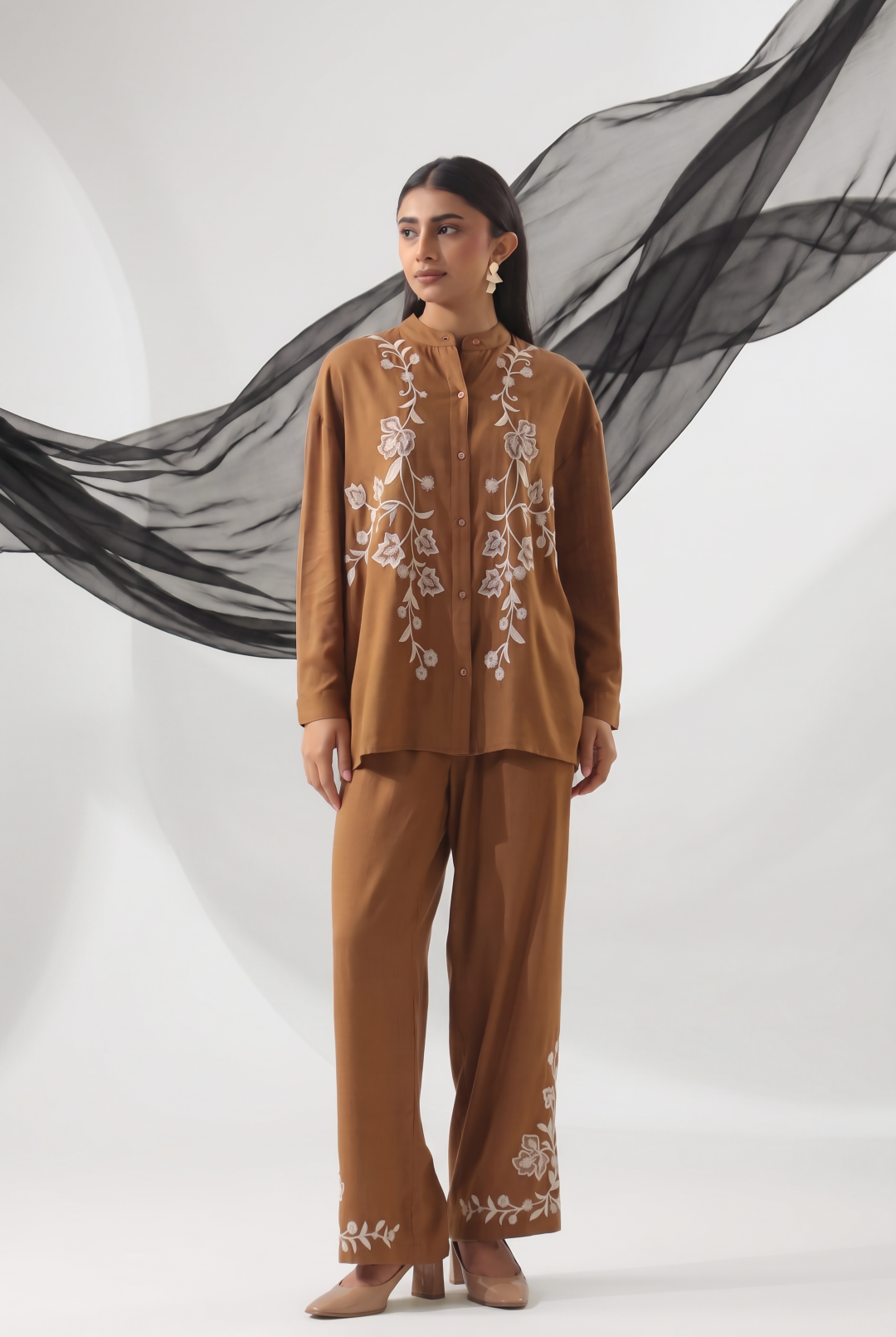 Cinnamon Brown Botanical Embroidered Shirt Co-ord Set