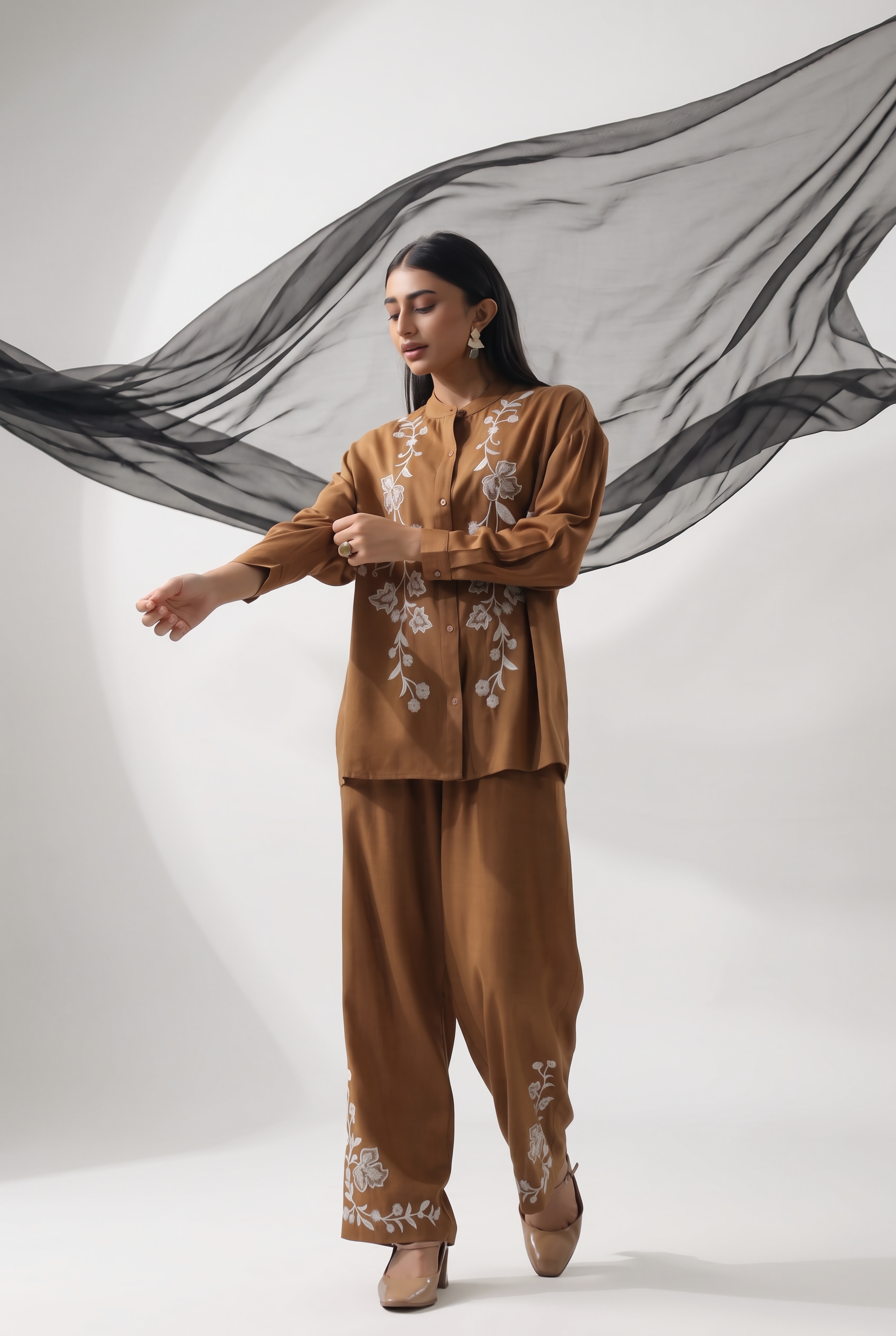 Cinnamon Brown Botanical Embroidered Shirt Co-ord Set