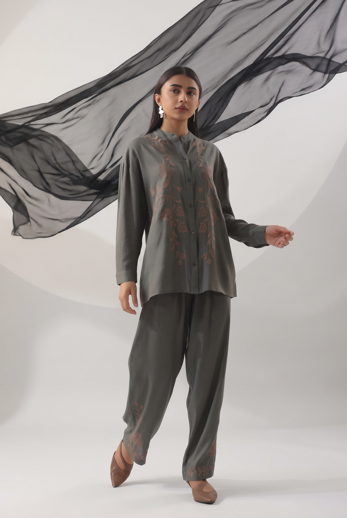 Slate Grey Botanical Embroidered Wide-Leg Co-ord Set