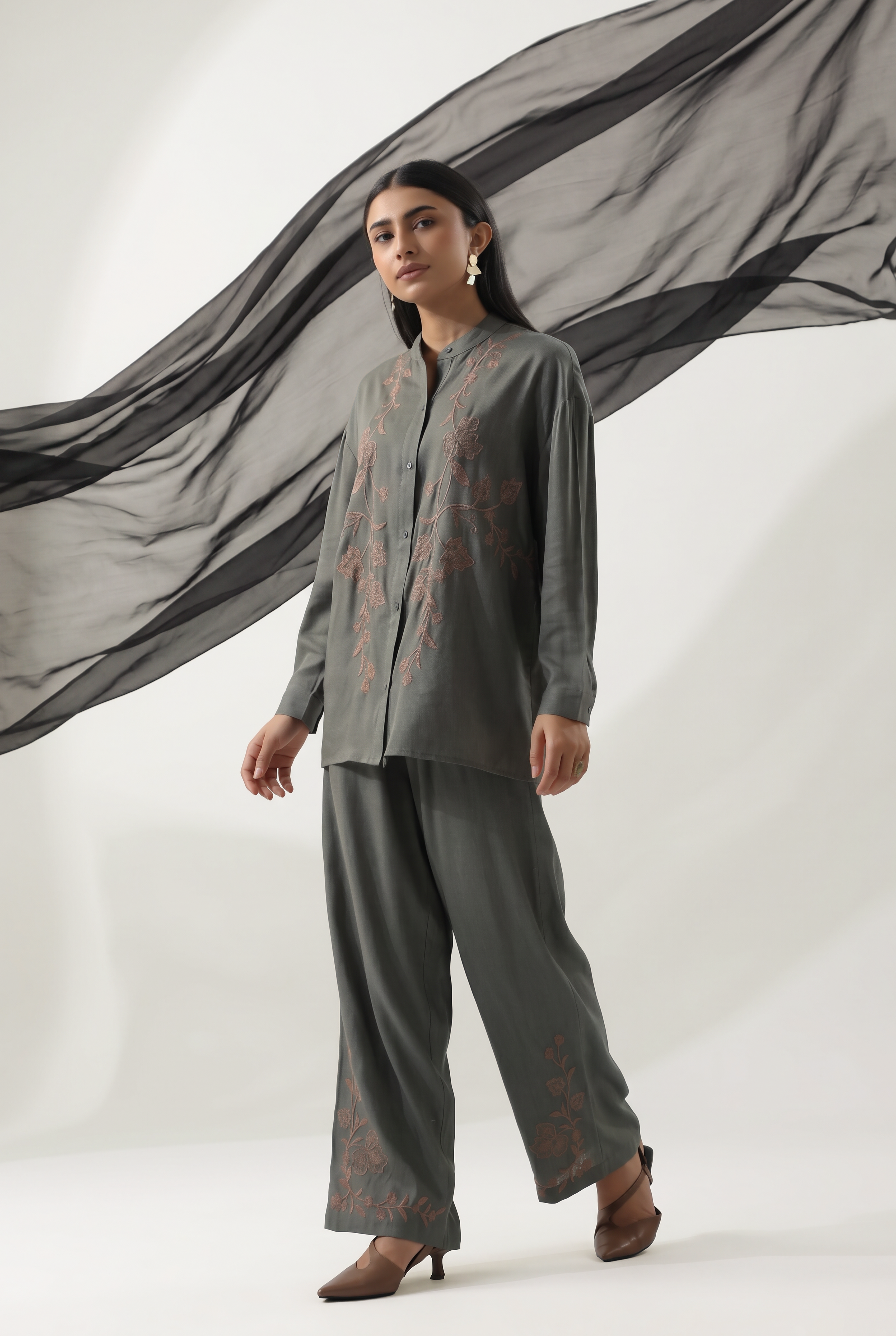 Slate Grey Botanical Embroidered Wide-Leg Co-ord Set