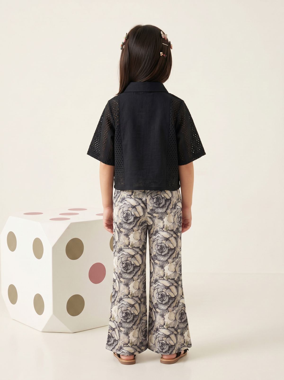 Girls Black Eyelet Embroidered Wide Leg Pants Co-Ord Set
