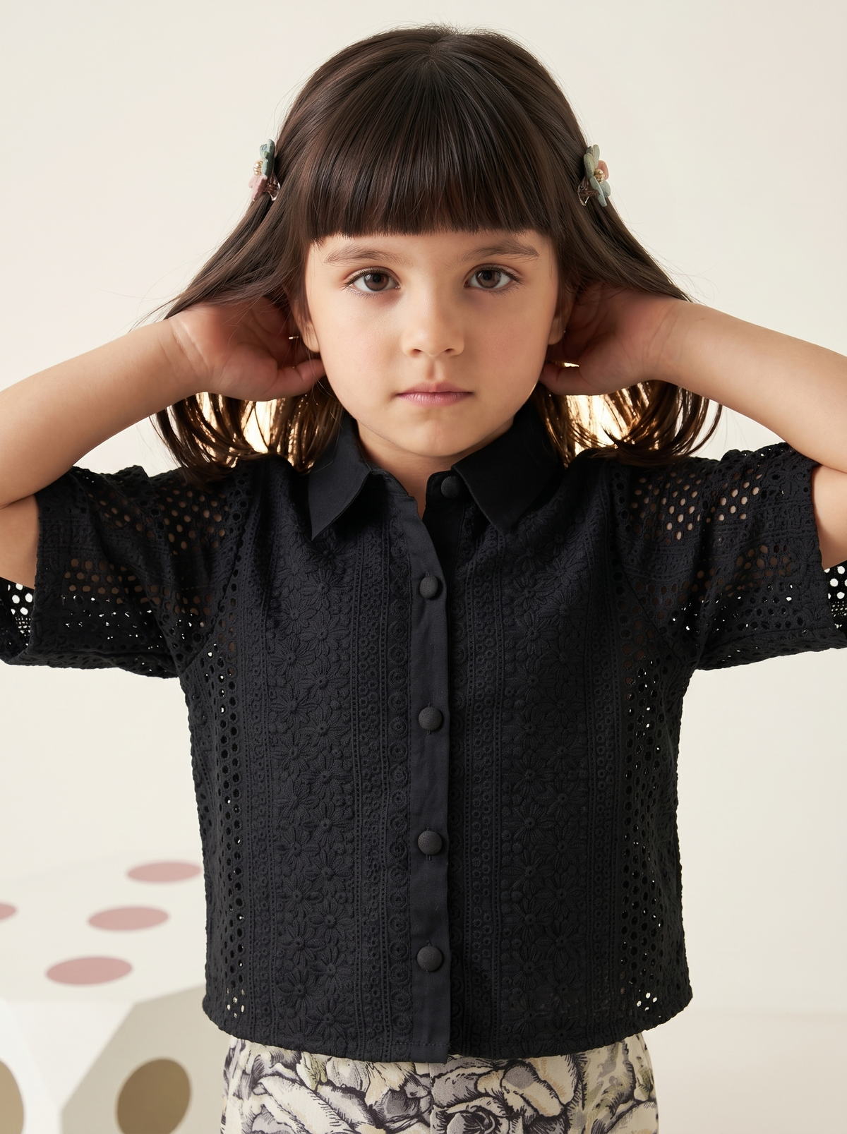 Girls Black Eyelet Embroidered Wide Leg Pants Co-Ord Set