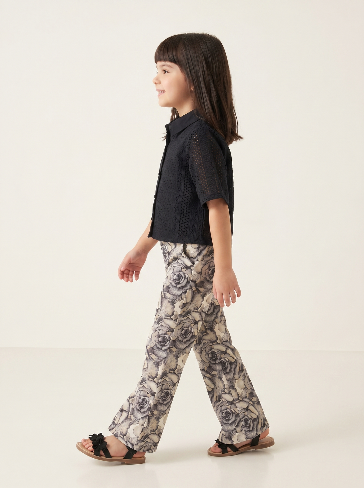 Girls Black Eyelet Embroidered Wide Leg Pants Co-Ord Set