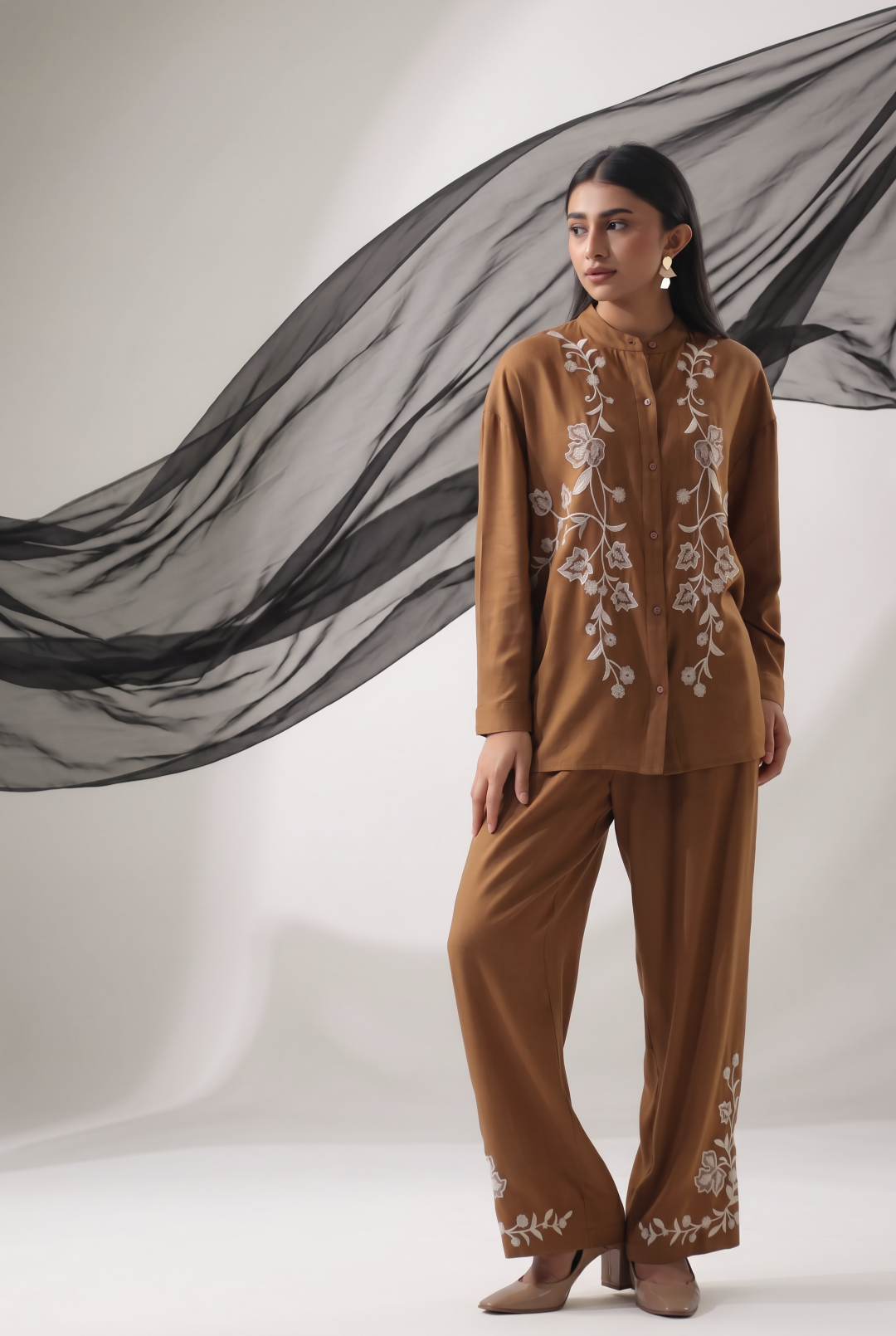 Cinnamon Brown Botanical Embroidered Shirt Co-ord Set