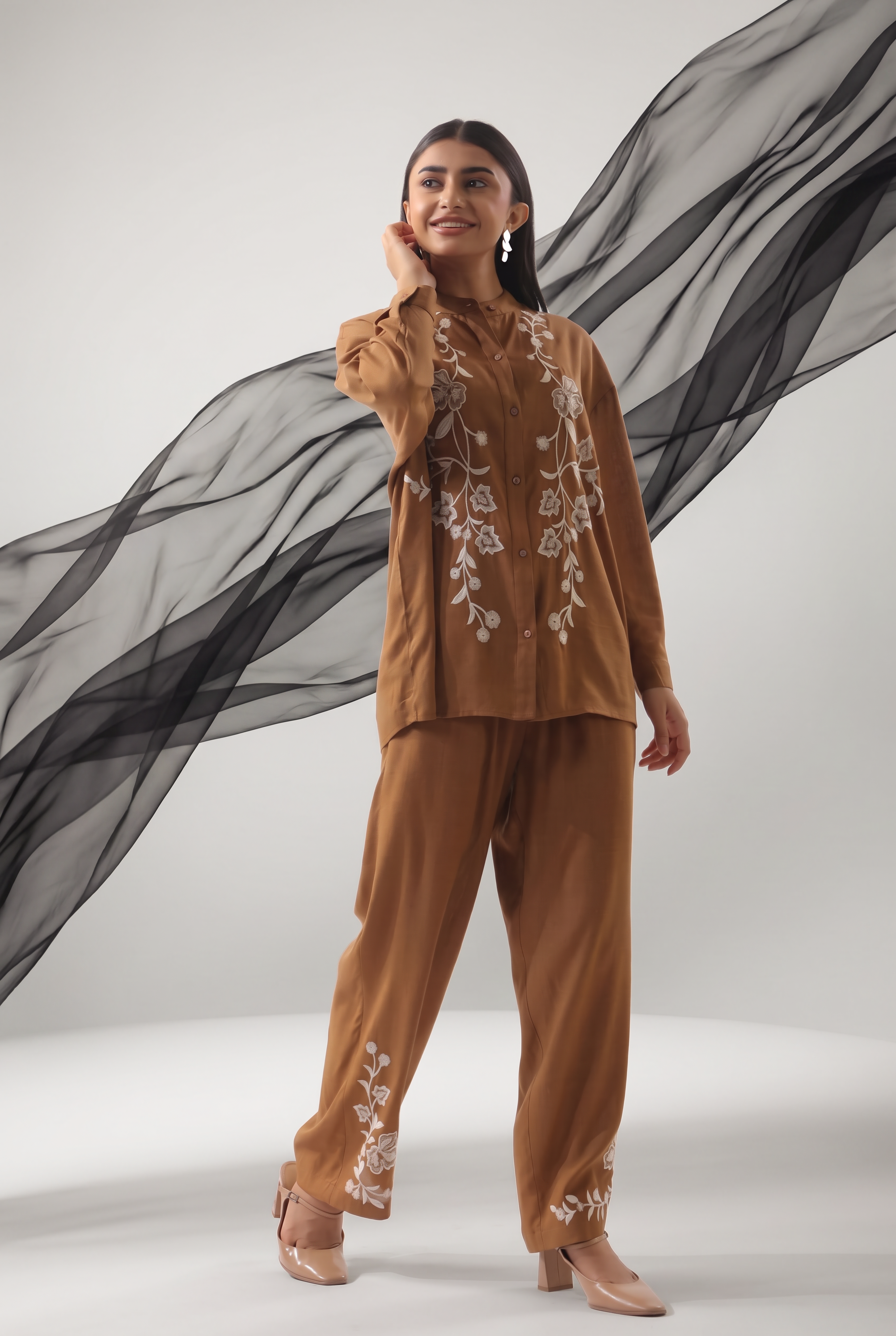 Cinnamon Brown Botanical Embroidered Shirt Co-ord Set