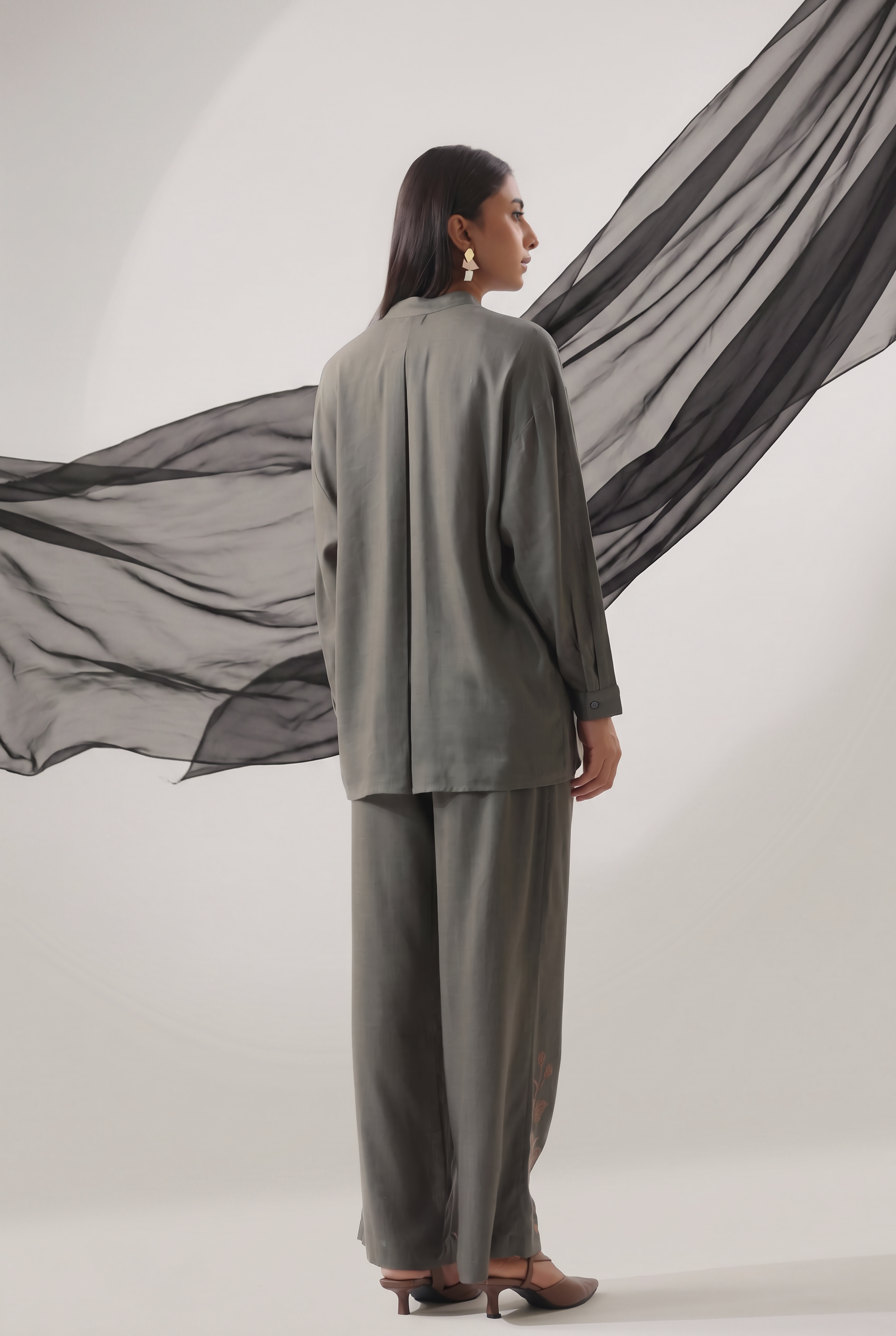Slate Grey Botanical Embroidered Wide-Leg Co-ord Set
