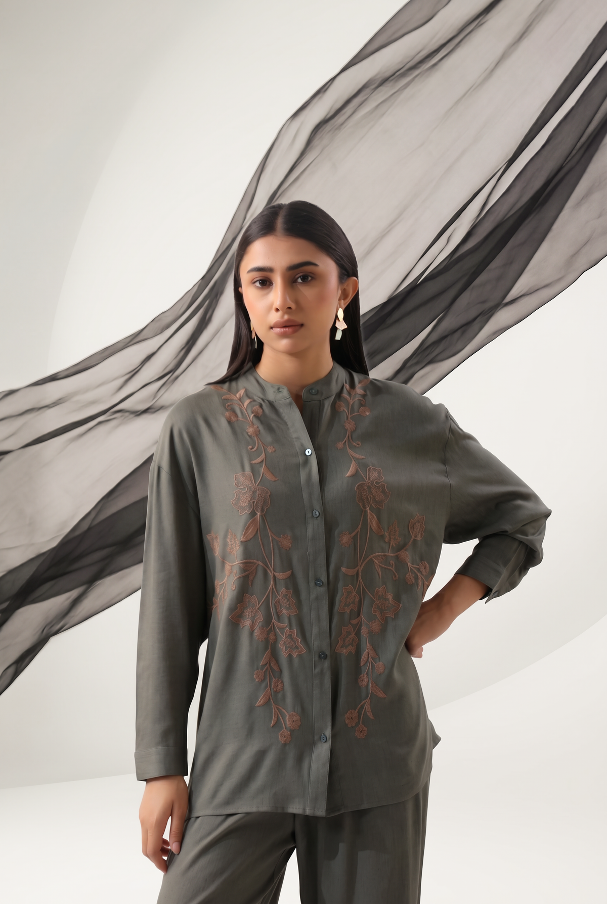 Slate Grey Botanical Embroidered Wide-Leg Co-ord Set