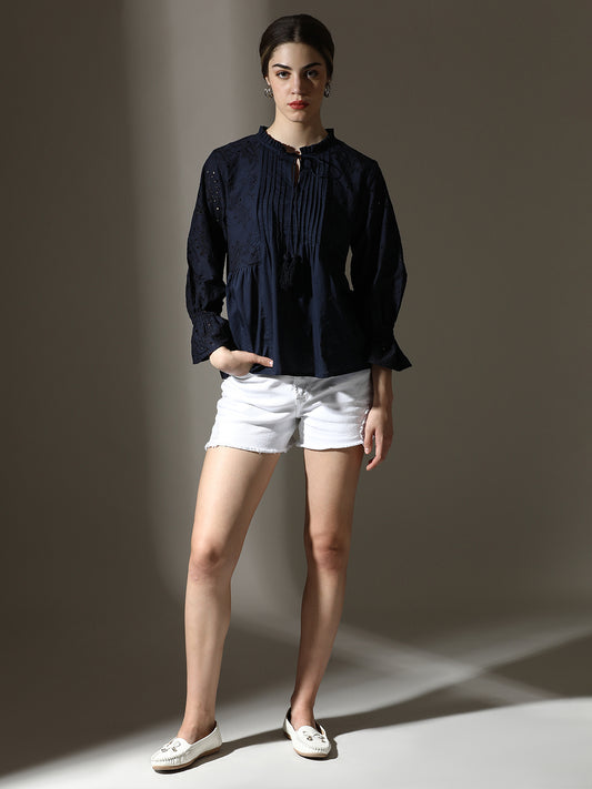 Navy Blue Embroidered Cotton Top with Pintucks & Tassel Tie