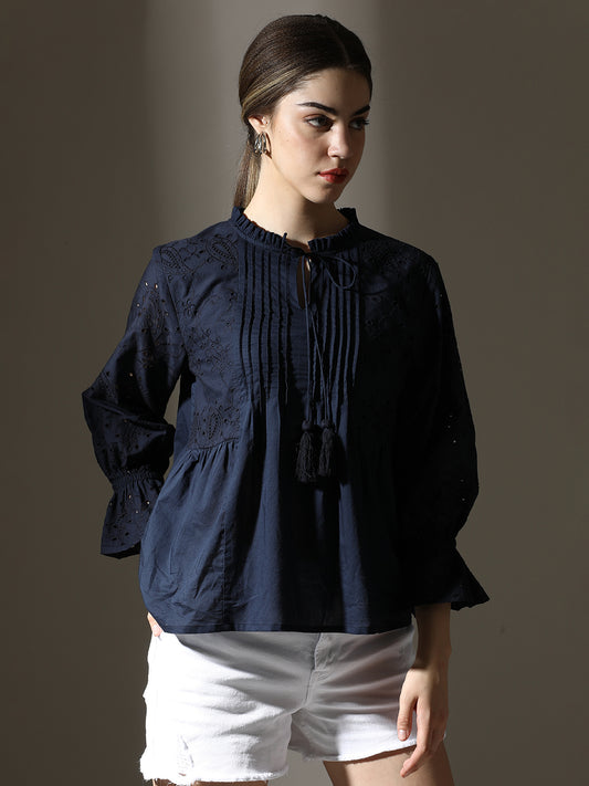 Navy Blue Embroidered Cotton Top with Pintucks & Tassel Tie