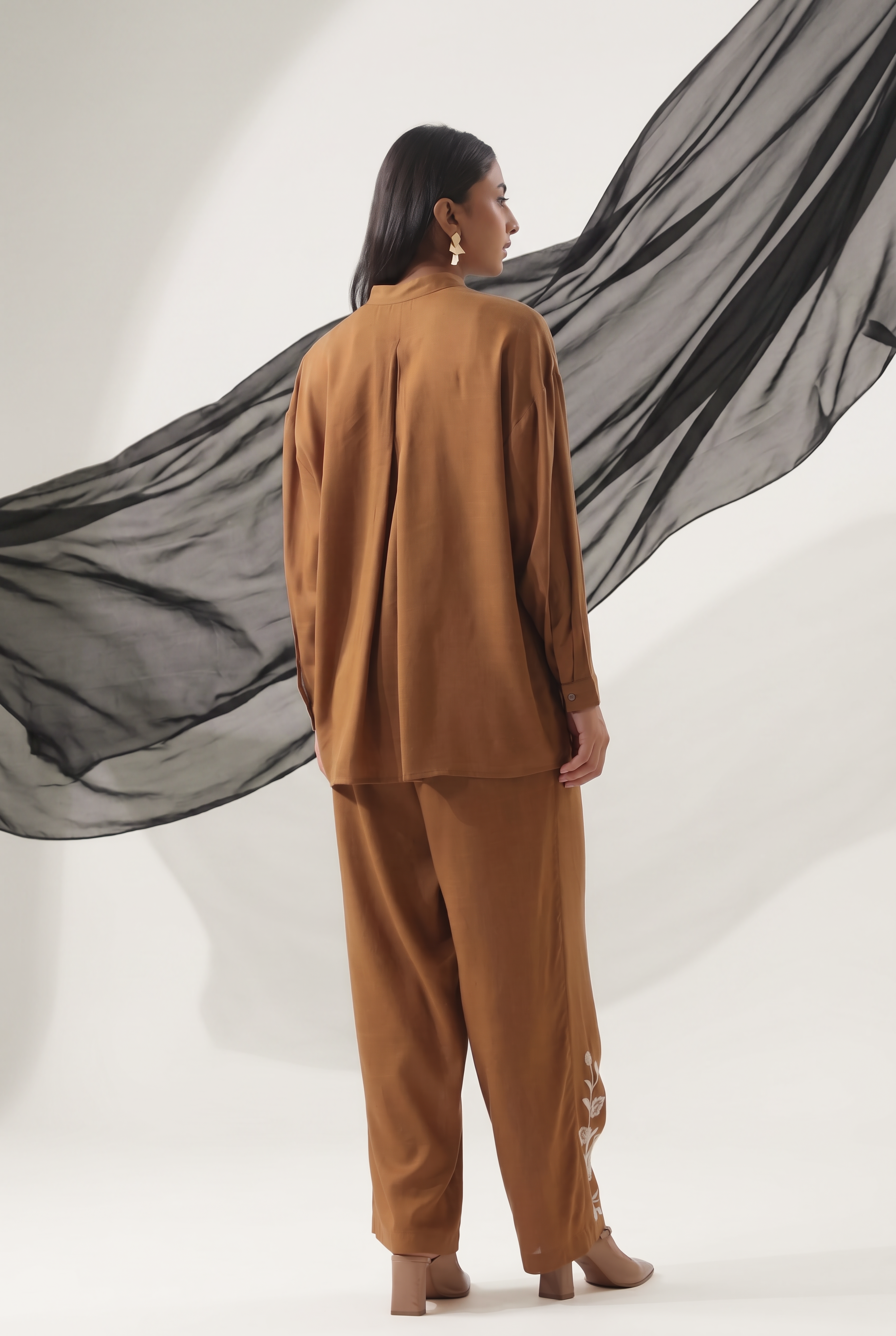 Cinnamon Brown Botanical Embroidered Shirt Co-ord Set