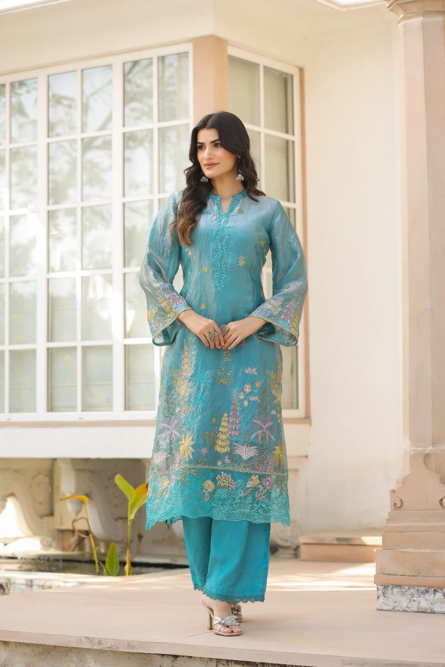 Graceful Pakistani Embroidered Kurta Set With Flared Sleeves