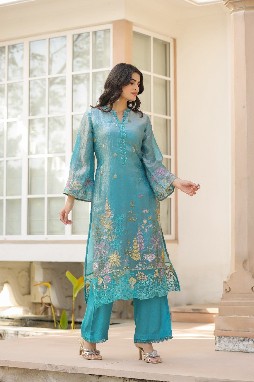 Graceful Pakistani Embroidered Kurta Set With Flared Sleeves