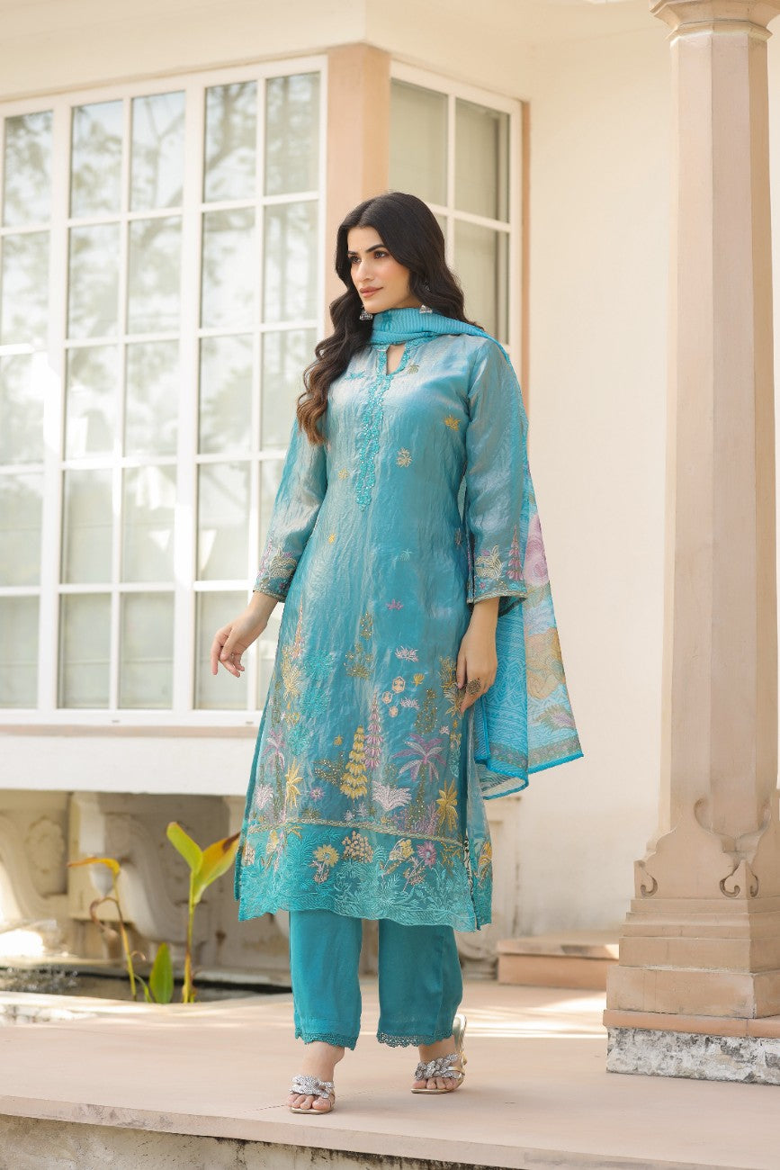 Graceful Pakistani Embroidered Kurta Set With Flared Sleeves