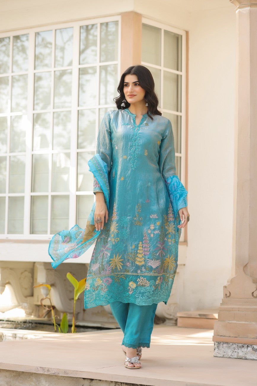 Graceful Pakistani Embroidered Kurta Set With Flared Sleeves