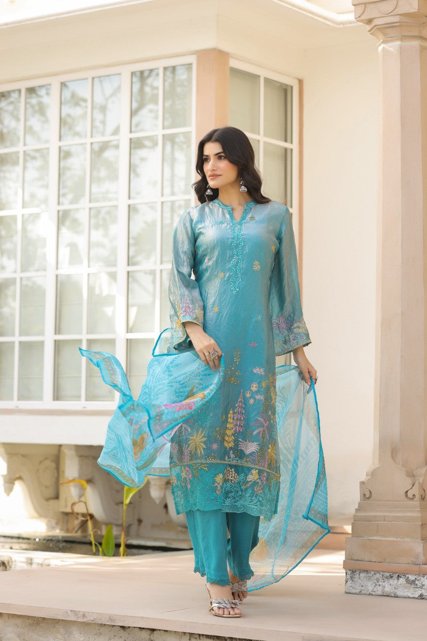 Graceful Pakistani Embroidered Kurta Set With Flared Sleeves