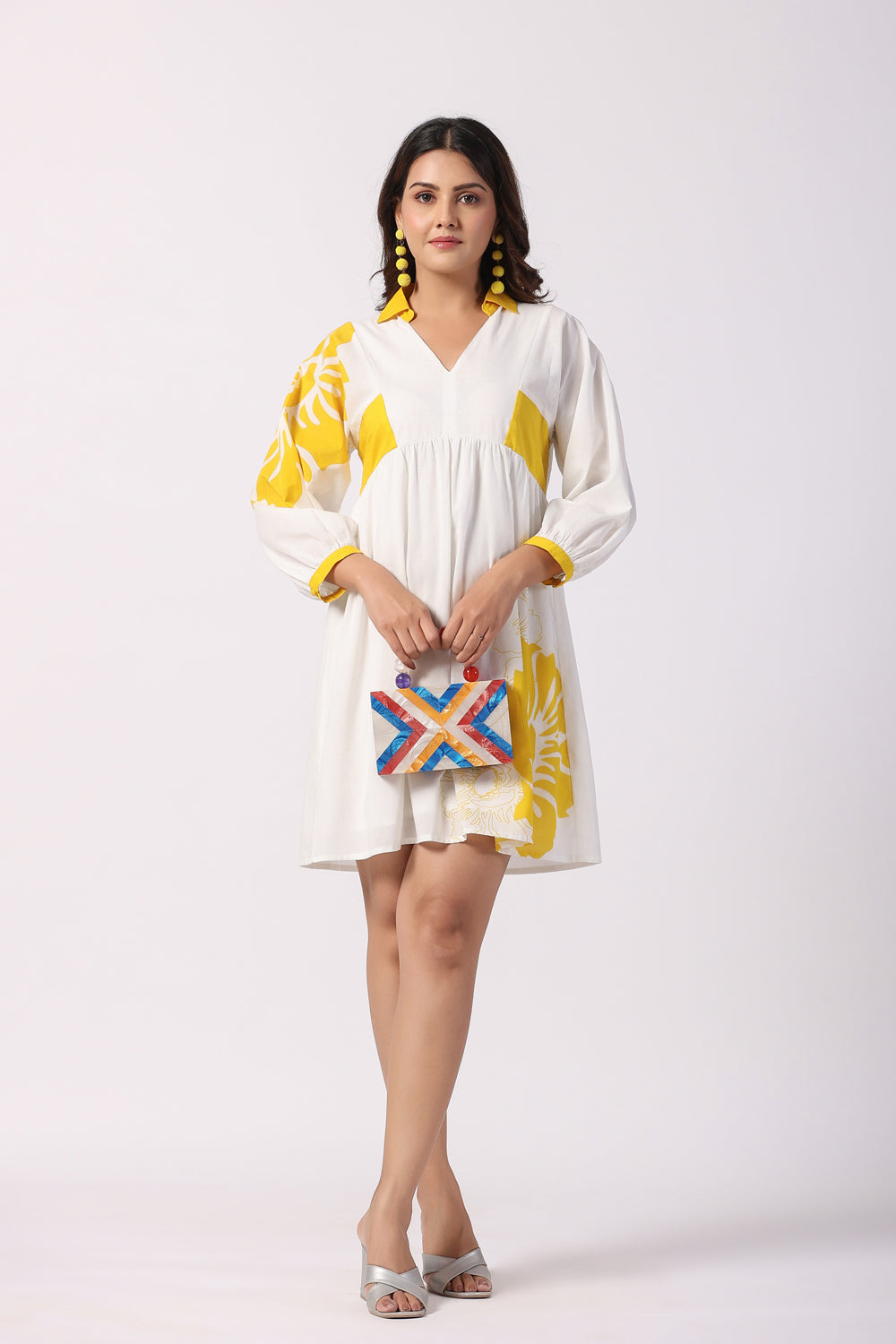 Stylish Yellow Cotton Cambric Printed Mini Dress