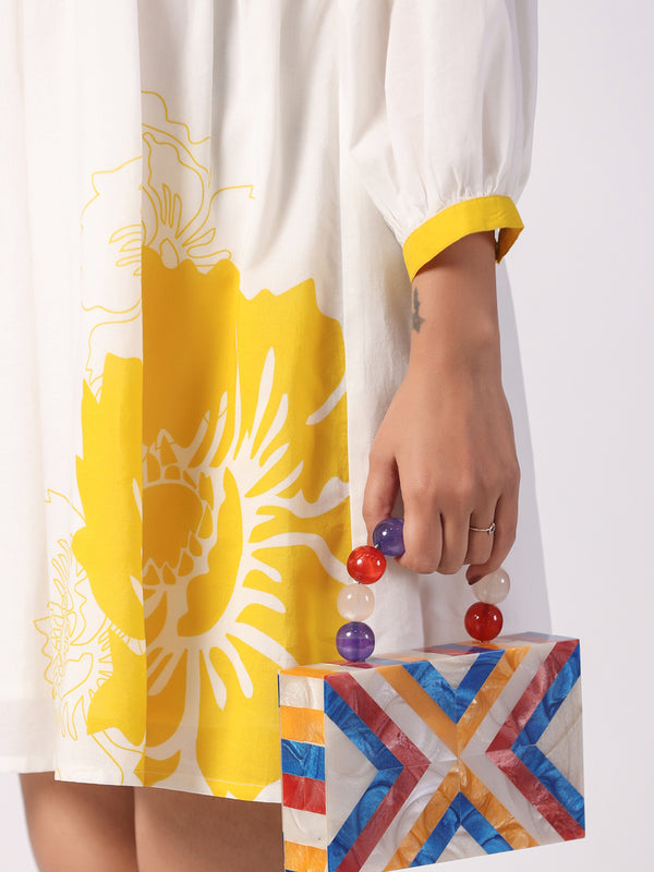 Stylish Yellow Cotton Cambric Printed Mini Dress