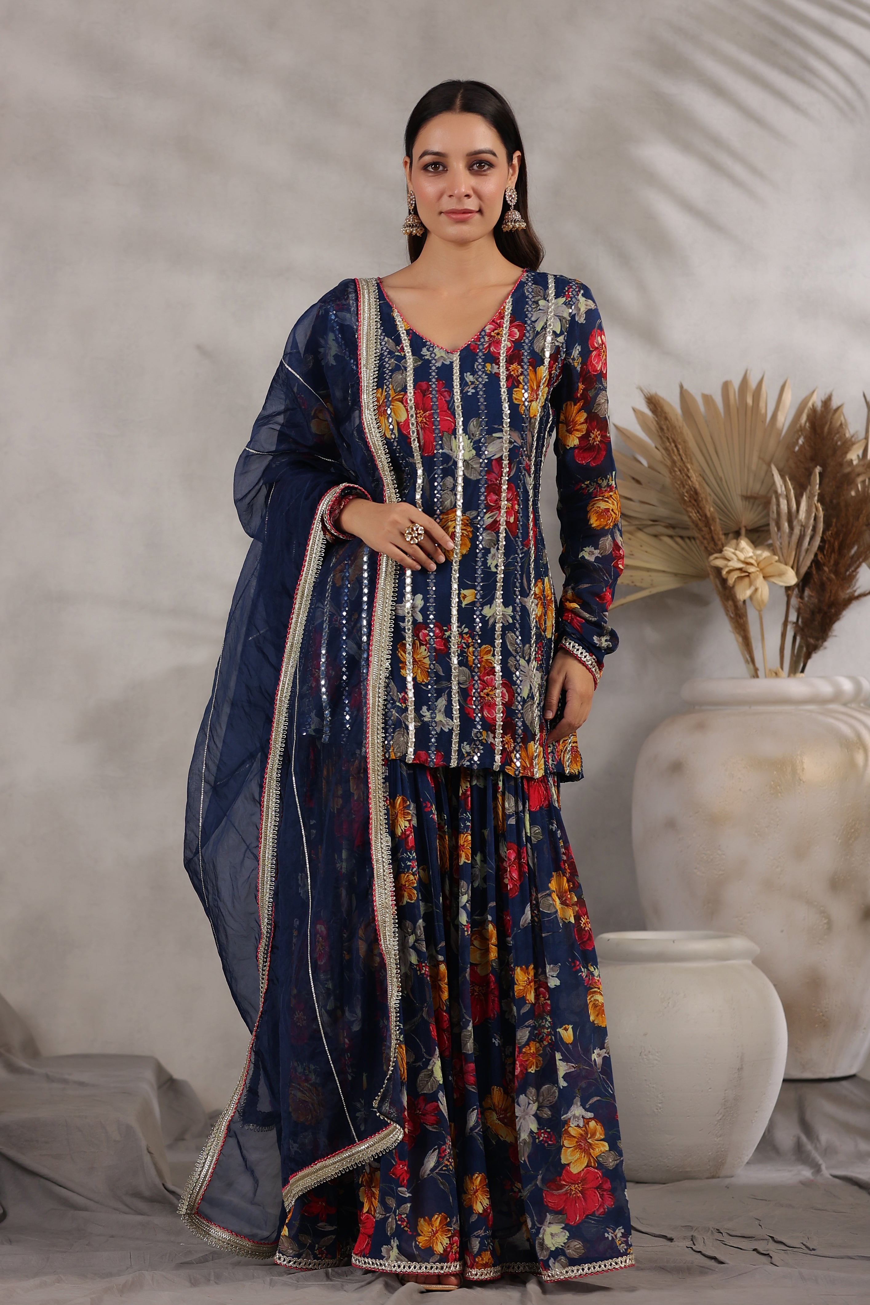 Blue Designer Embroidered Sharara Set