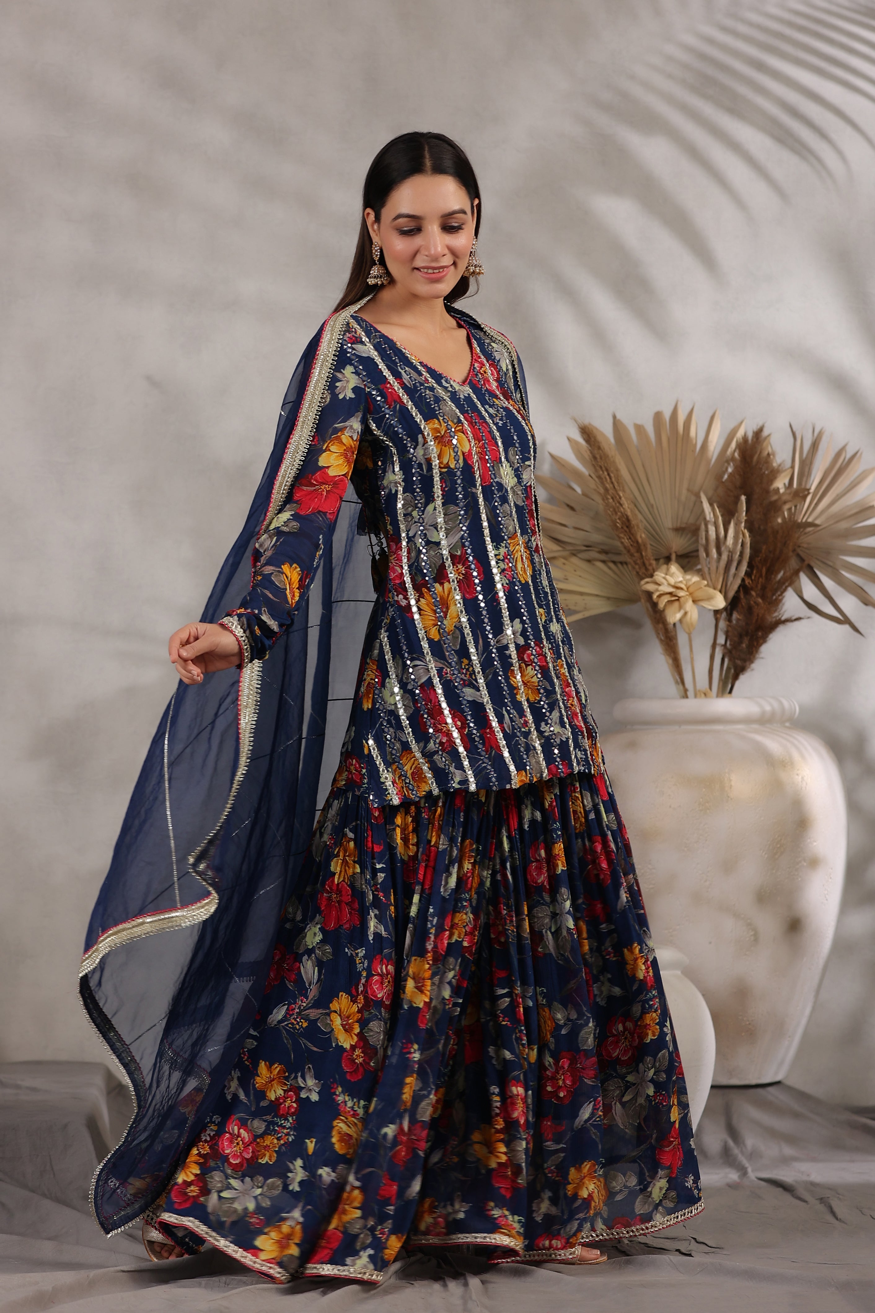 Blue Designer Embroidered Sharara Set