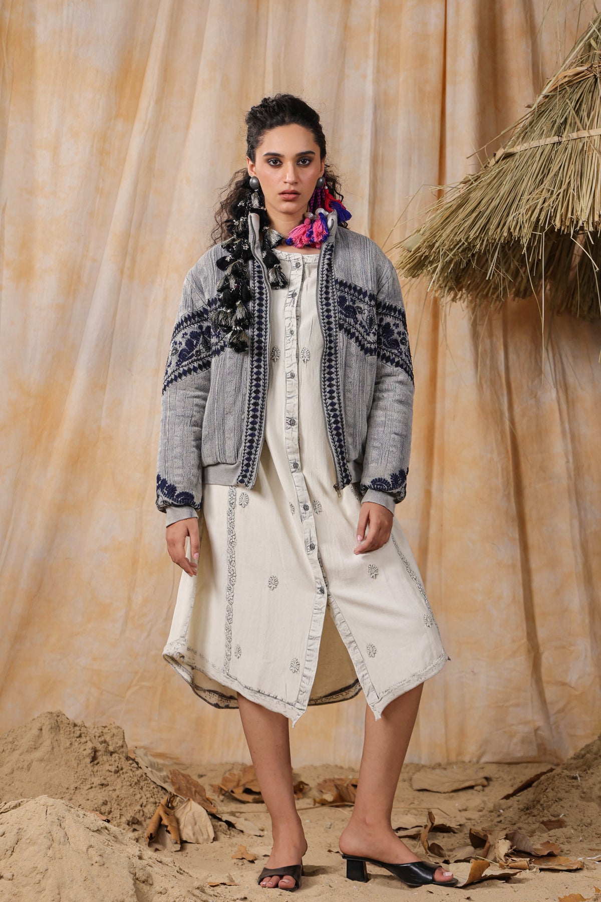 Grey Navy Embroidered Cropped Puffer Bomber Jacket