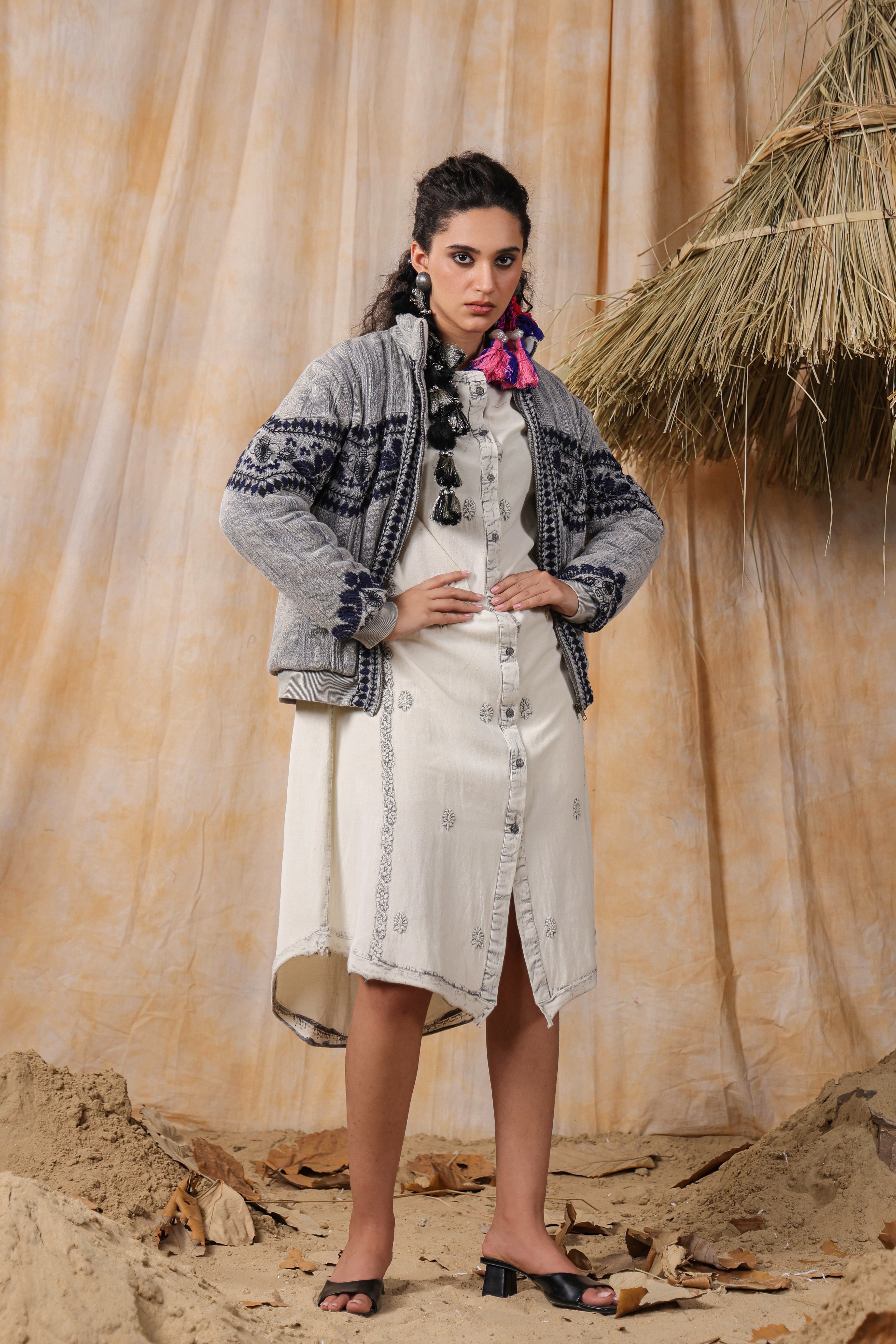 Grey Navy Embroidered Cropped Puffer Bomber Jacket
