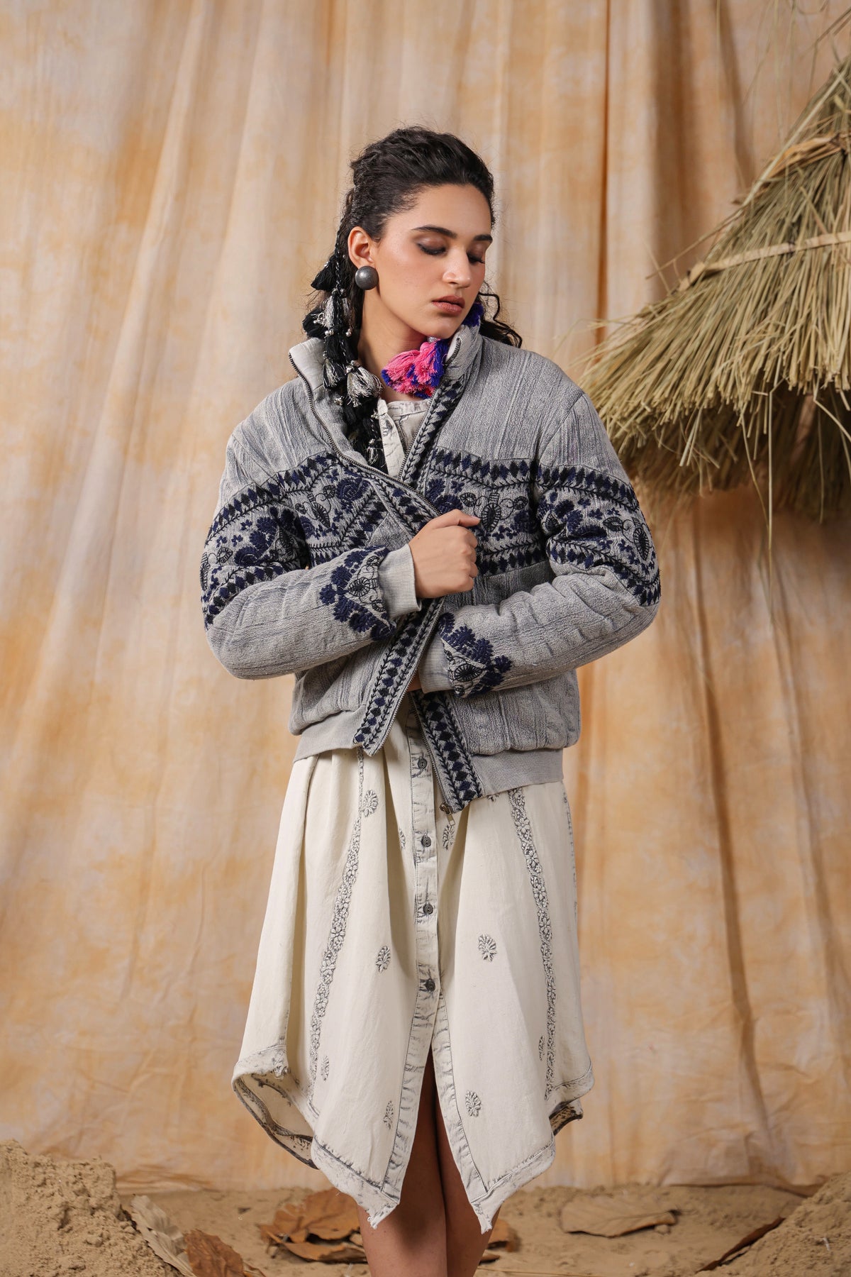 Grey Navy Embroidered Cropped Puffer Bomber Jacket