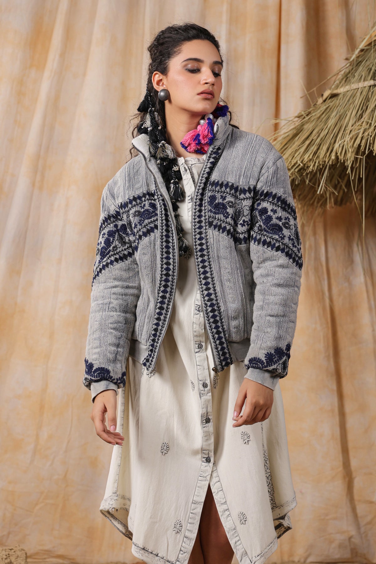 Grey Navy Embroidered Cropped Puffer Bomber Jacket