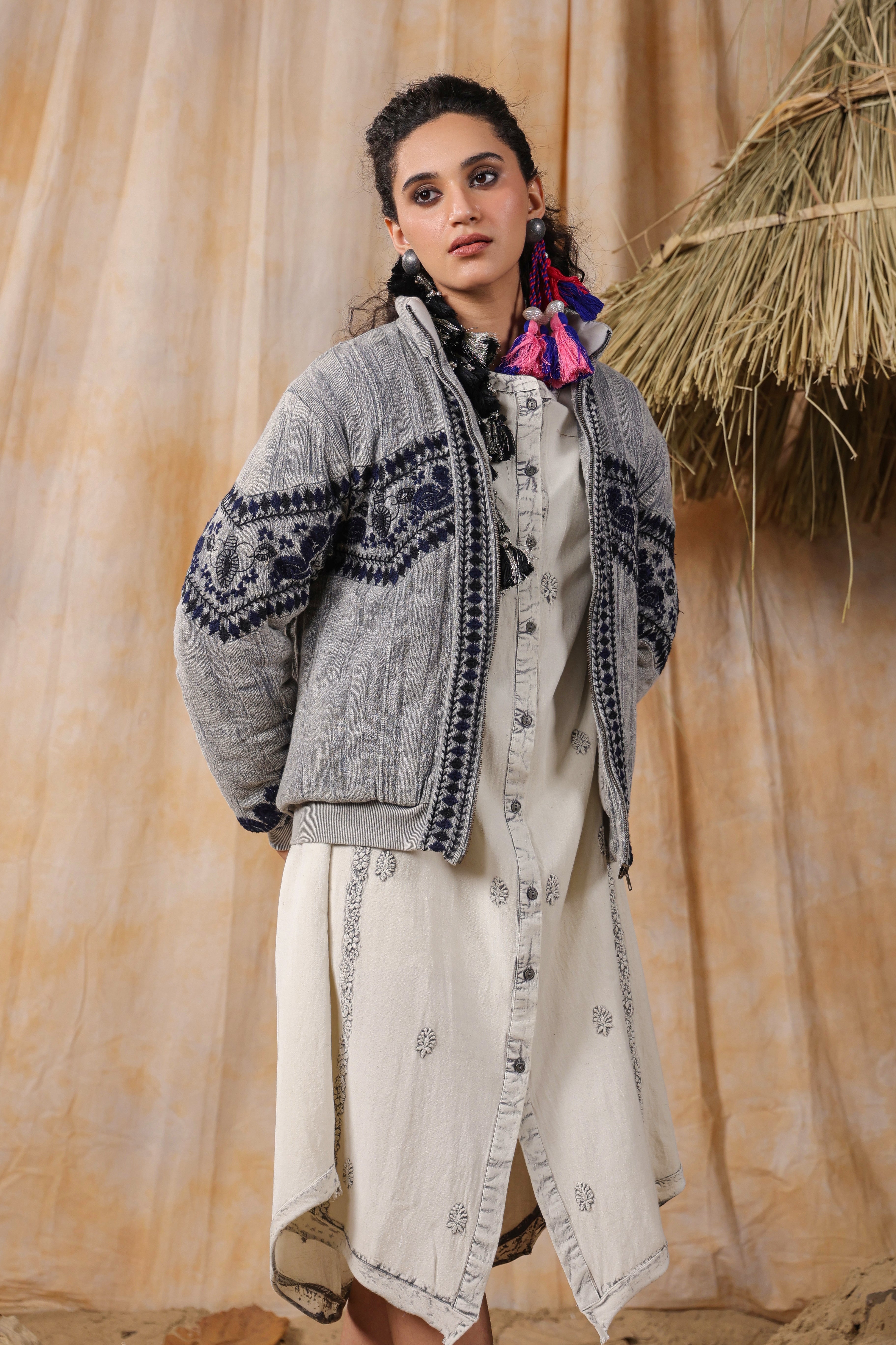 Grey Navy Embroidered Cropped Puffer Bomber Jacket