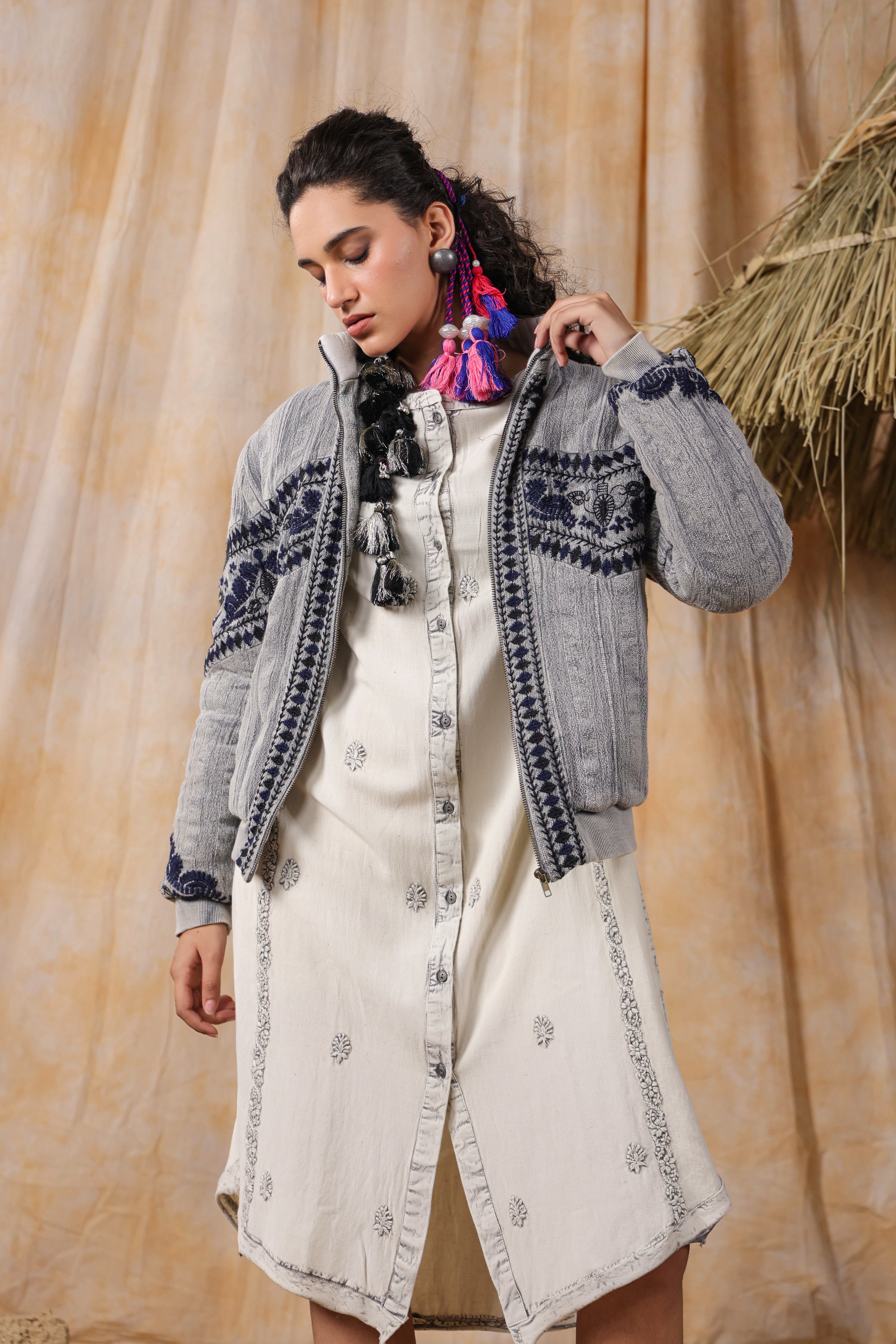 Grey Navy Embroidered Cropped Puffer Bomber Jacket