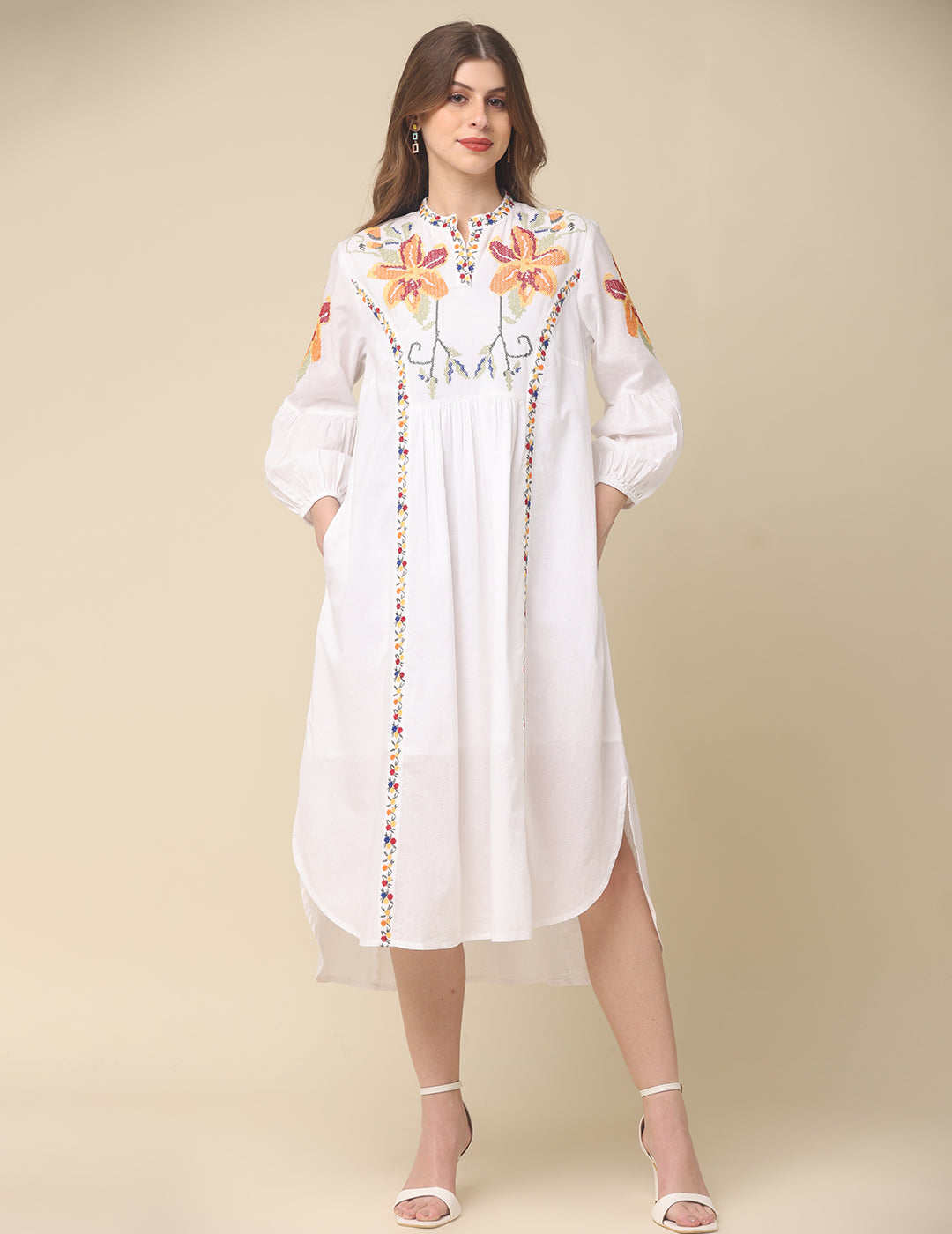 White Cotton Embroidery Maxi Dress