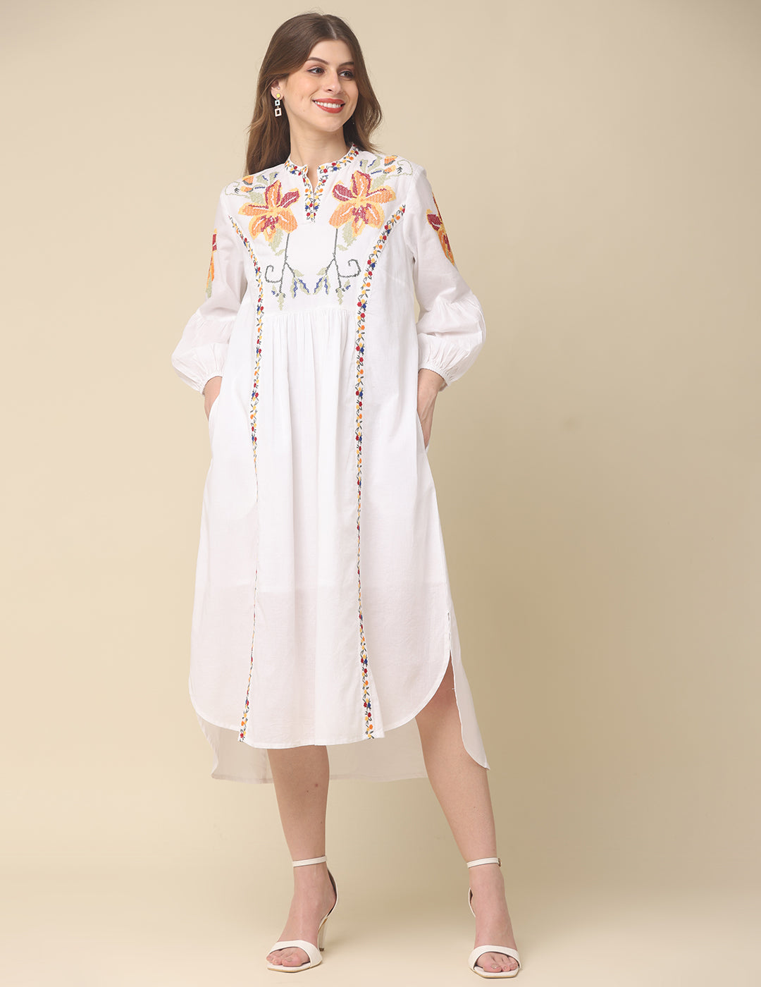 White Cotton Embroidery Maxi Dress