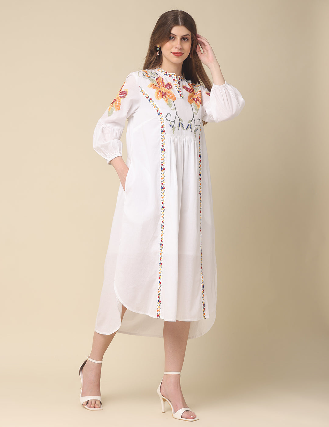 White Cotton Embroidery Maxi Dress