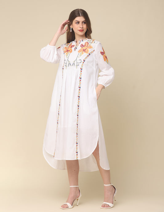 White Cotton Embroidery Maxi Dress