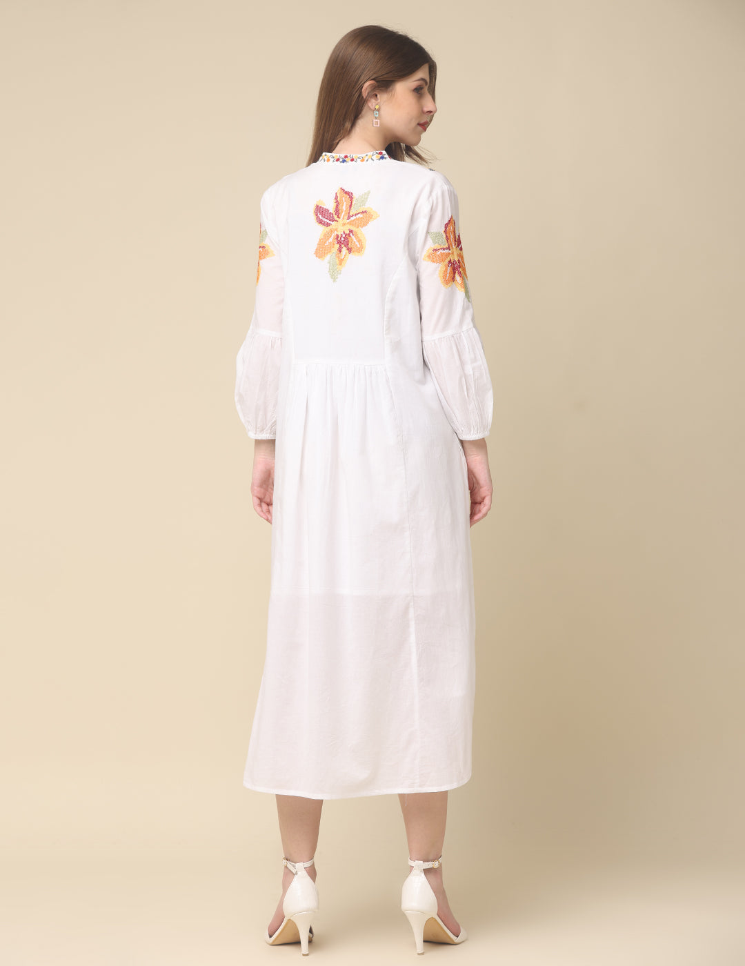 White Cotton Embroidery Maxi Dress