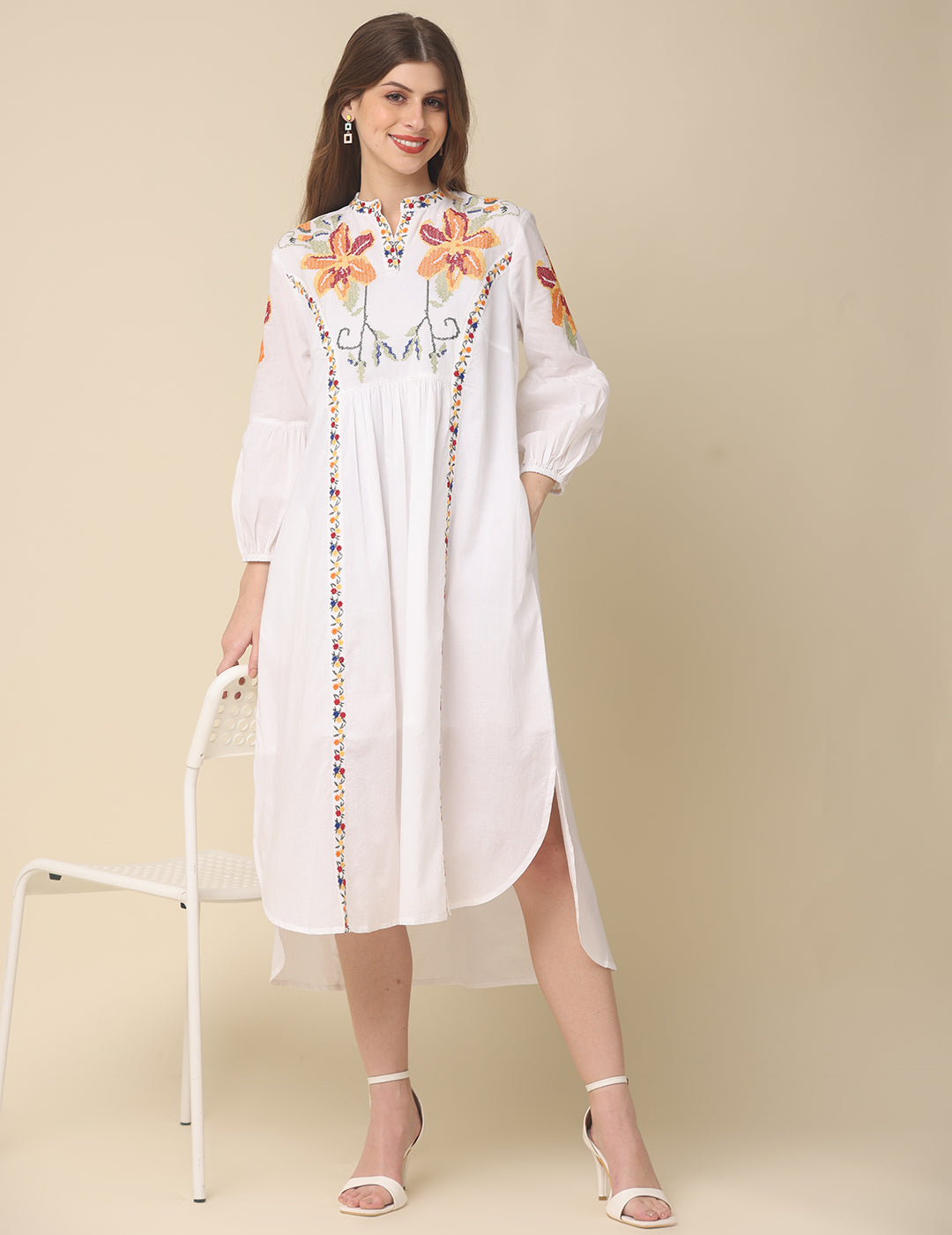 White Cotton Embroidery Maxi Dress