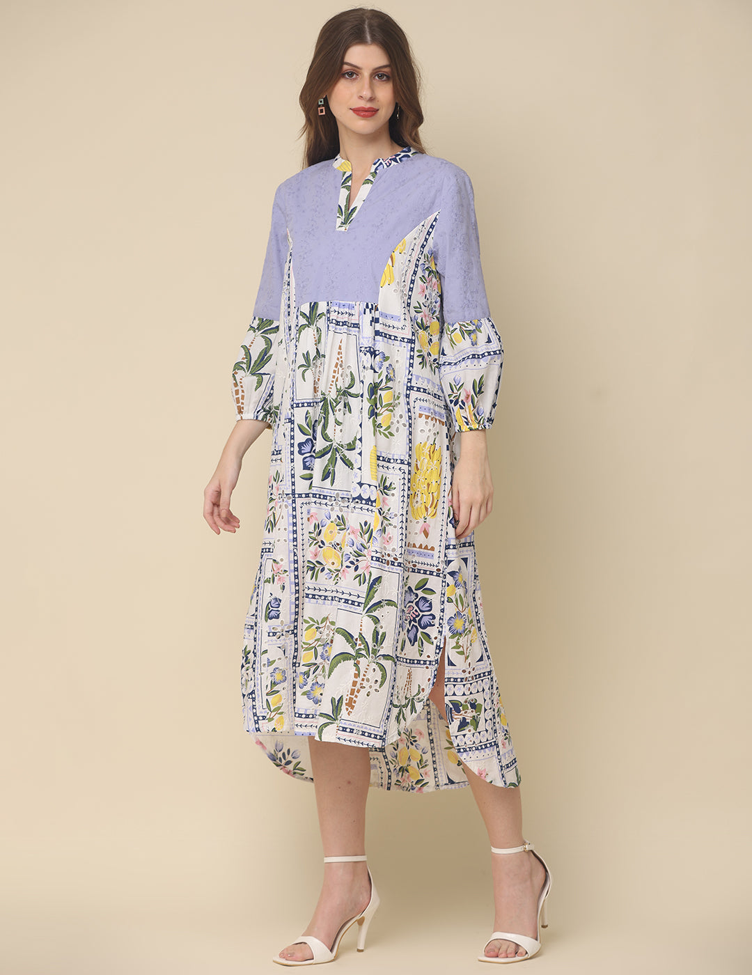 Lavender Cotton Rulex Midi Dress with Floral Patterns