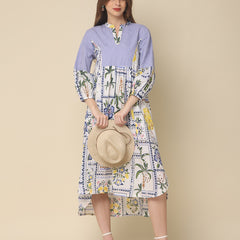 Lavender Cotton Rulex Midi Dress with Floral Patterns