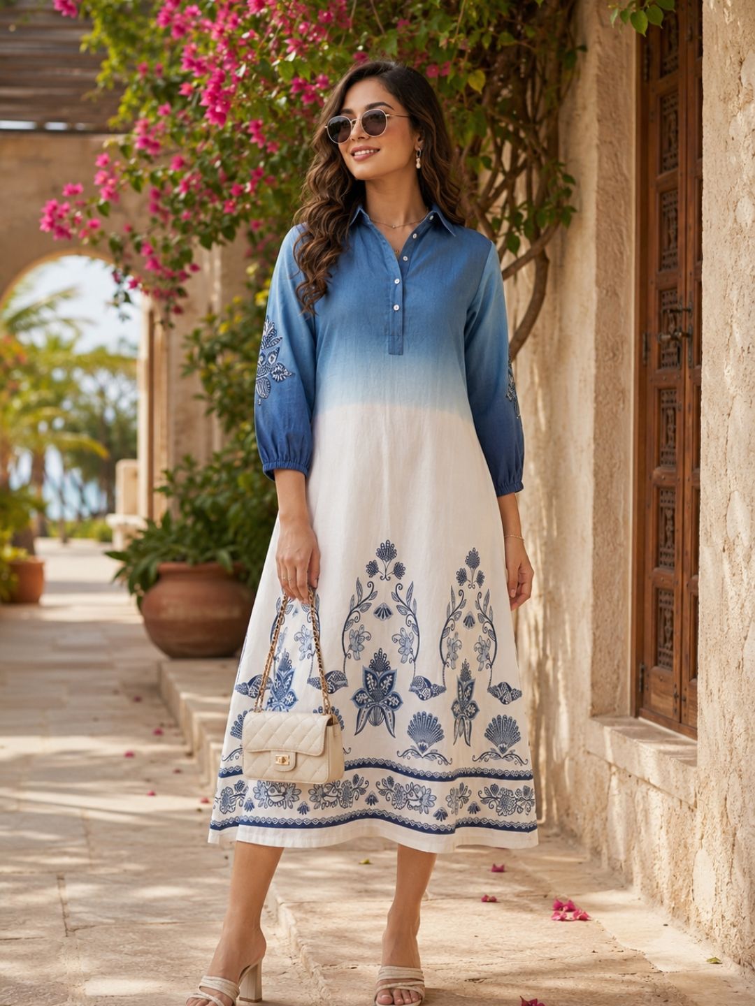 Elegant Indigo Ombre Printed A-Line Midi Dress