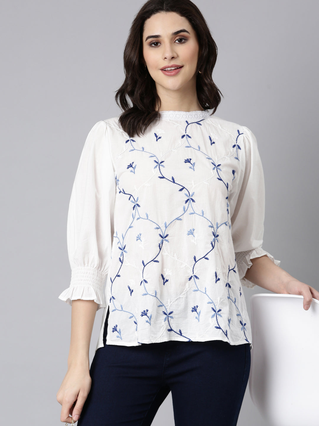 Elegant White Cotton Top With Blue Embroidery