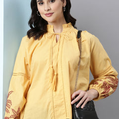 Yellow Cotton Embroidered Top With Tassels