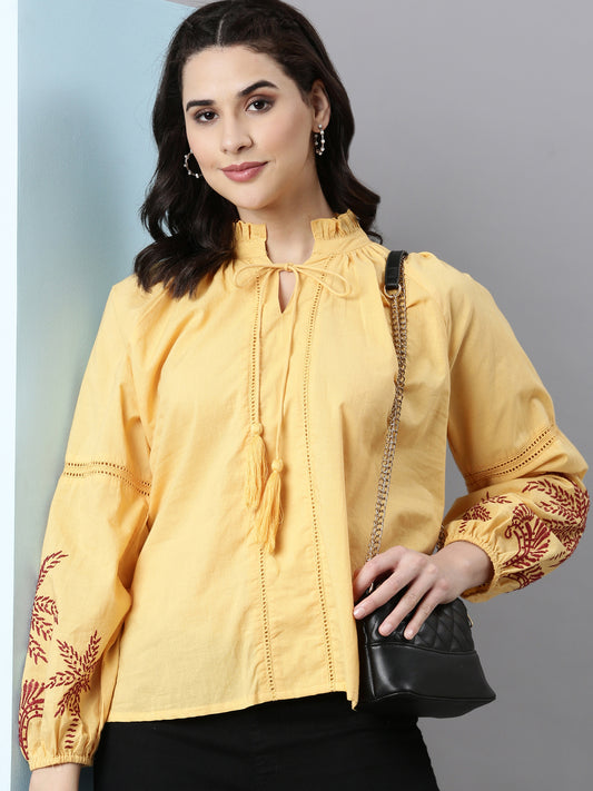 Yellow Cotton Embroidered Top With Tassels