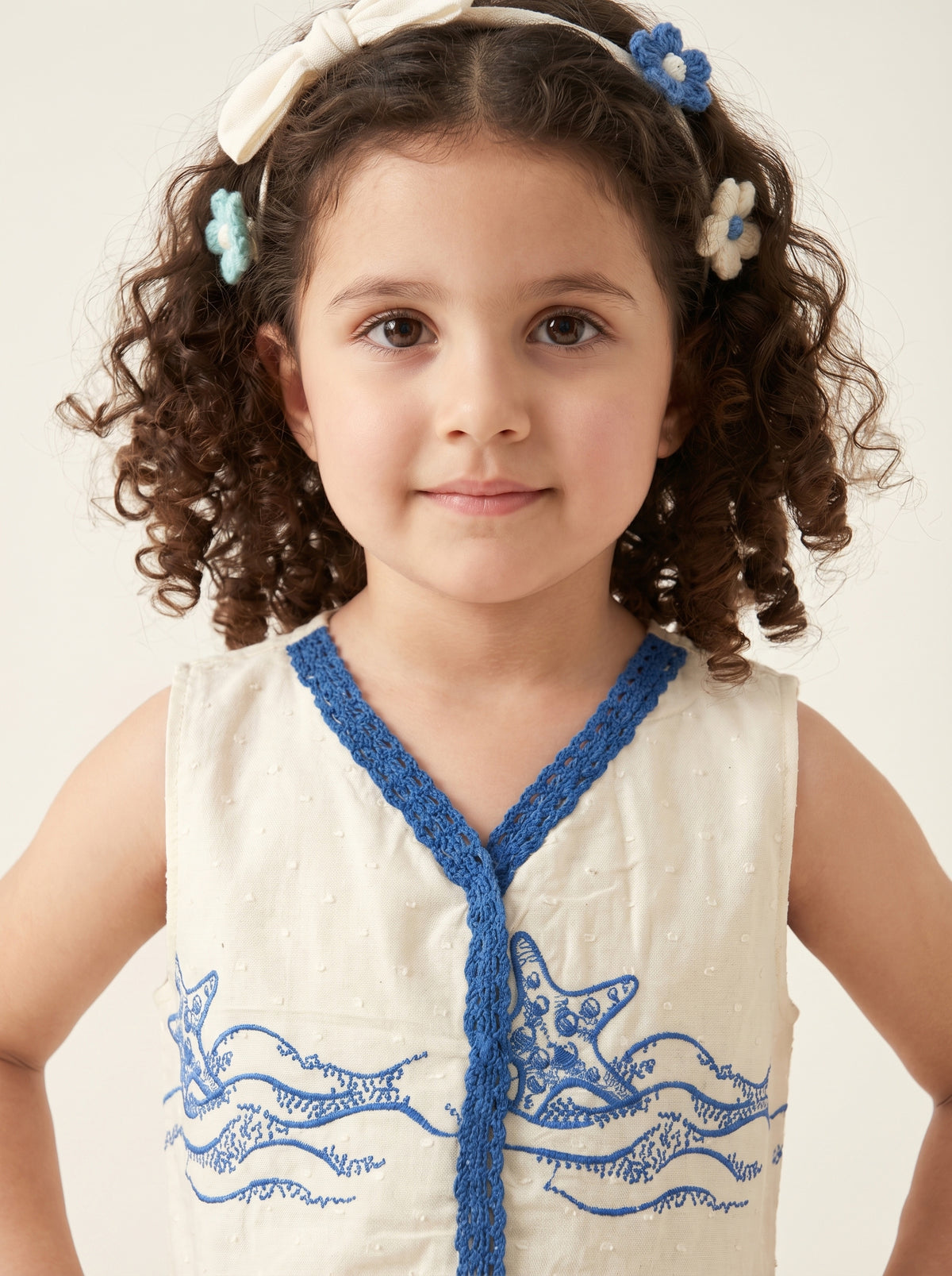 Girls Ivory White & Blue Ocean Printed Sleeveless Top with Matching Pants Co-Ord Set