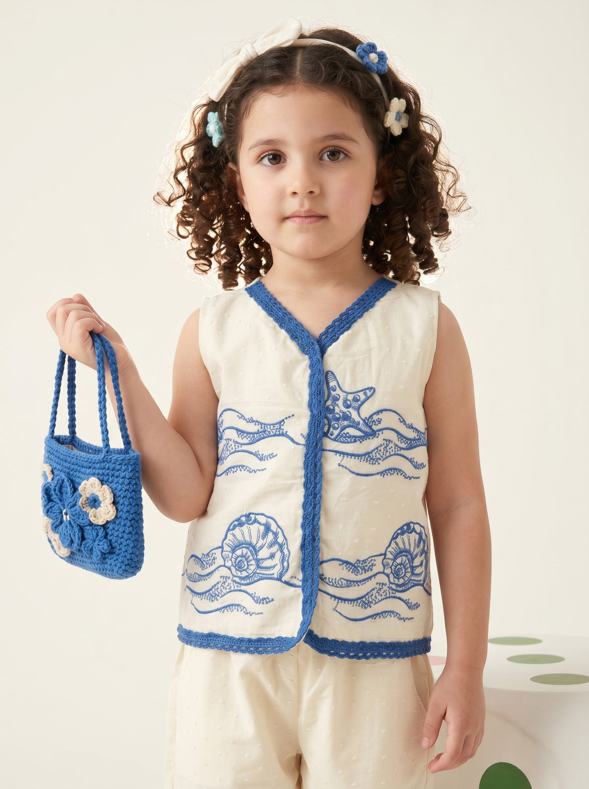 Girls Ivory White & Blue Ocean Printed Sleeveless Top with Matching Pants Co-Ord Set