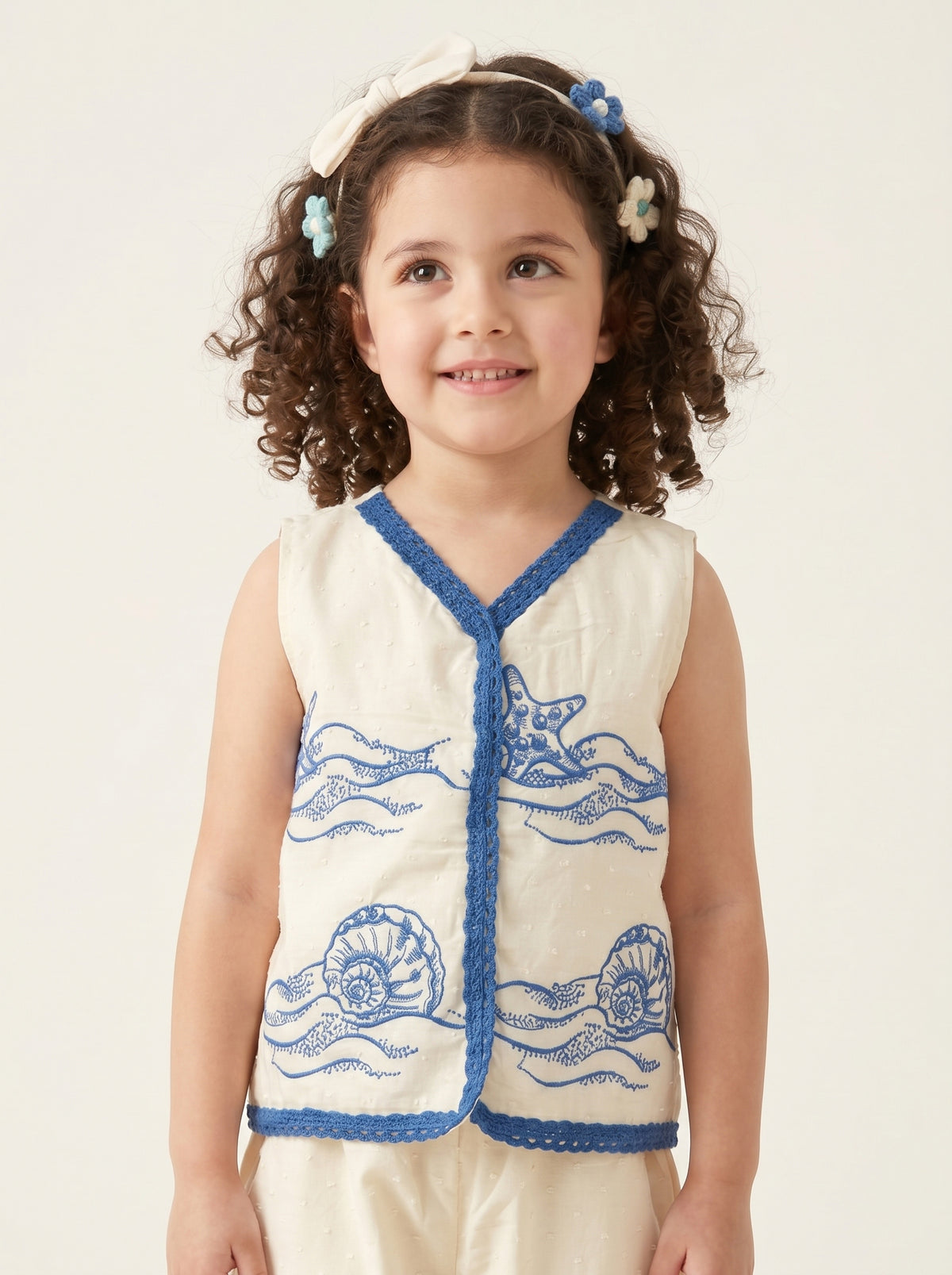 Girls Ivory White & Blue Ocean Printed Sleeveless Top with Matching Pants Co-Ord Set