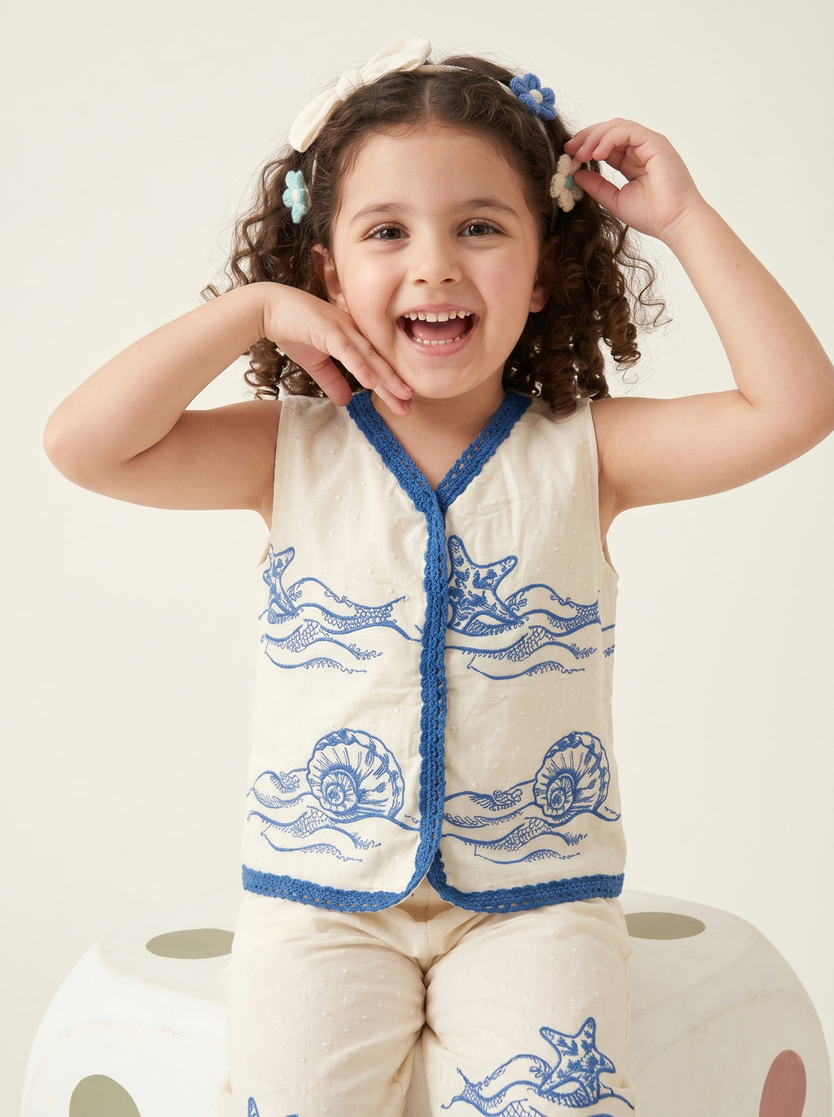 Girls Ivory White & Blue Ocean Printed Sleeveless Top with Matching Pants Co-Ord Set