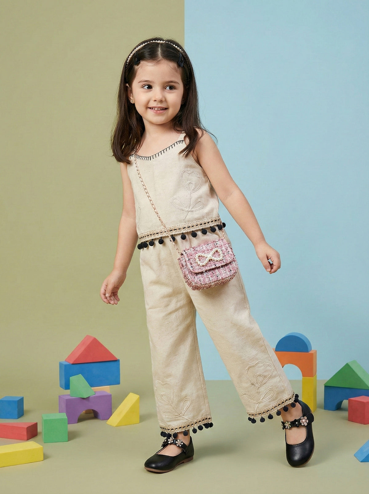 Girls Beige Floral Embroidered Sleeveless Top with Pom Pom Lace Wide Leg Pants Co-Ord Set