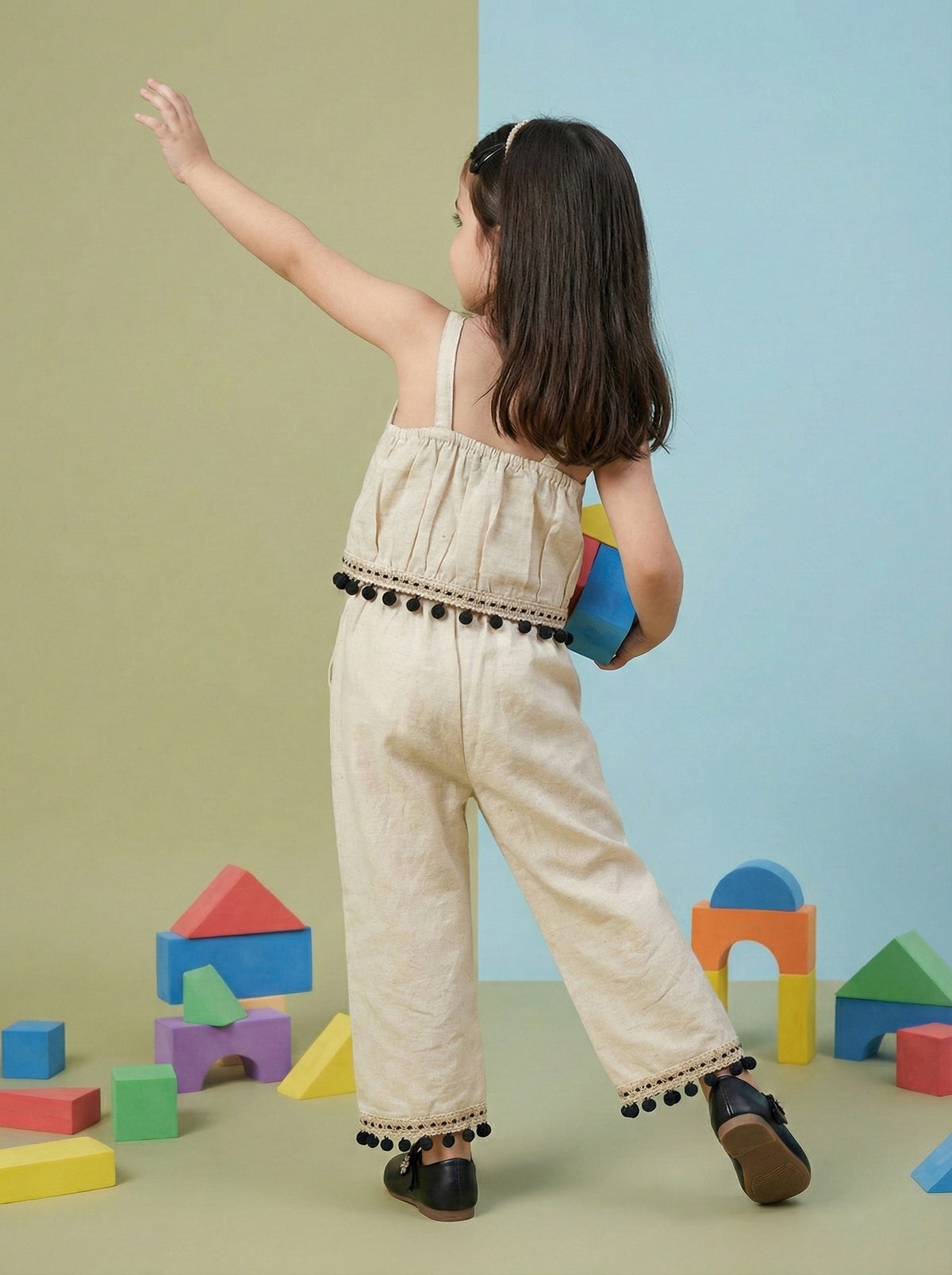 Girls Beige Floral Embroidered Sleeveless Top with Pom Pom Lace Wide Leg Pants Co-Ord Set