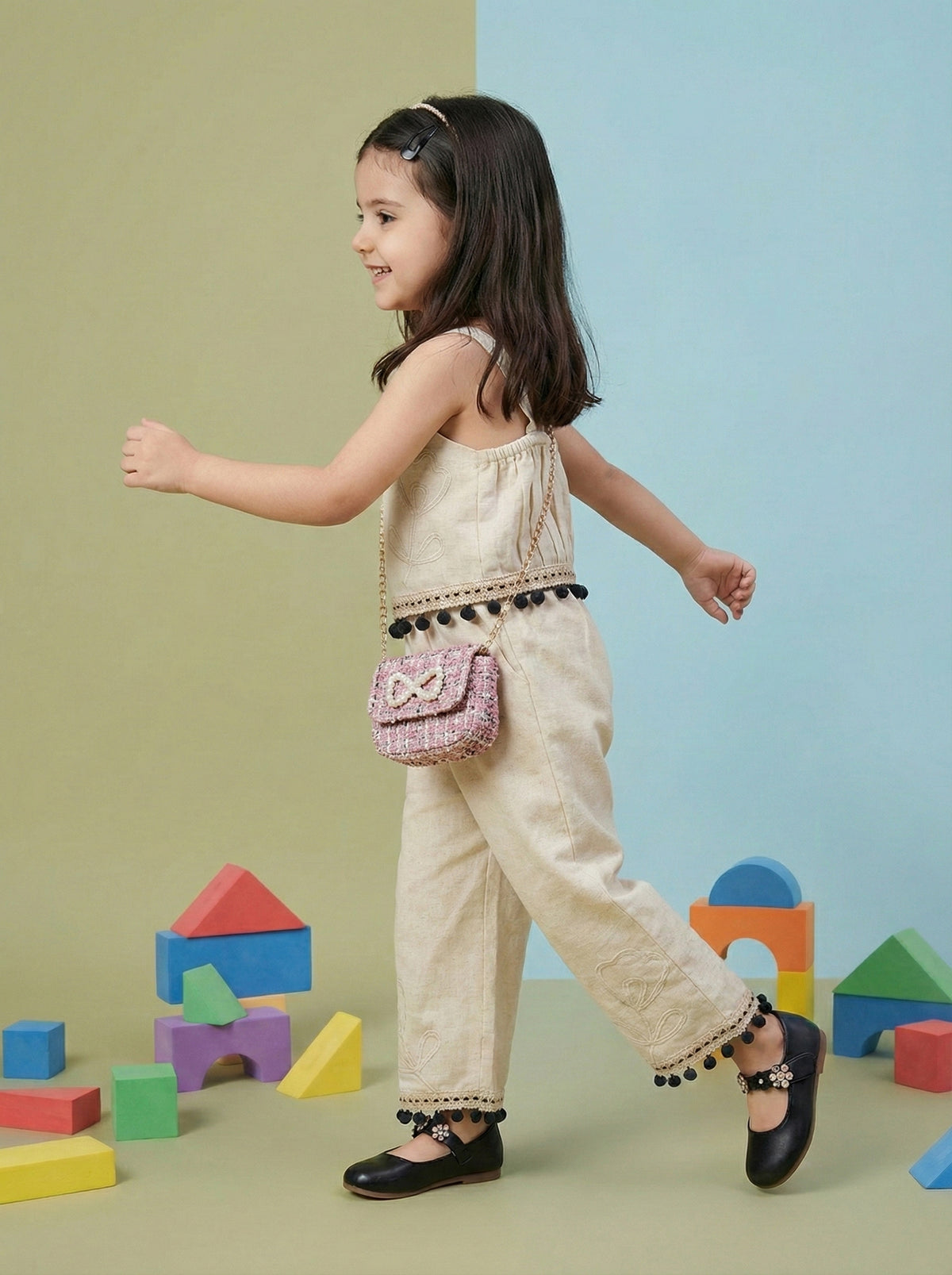 Girls Beige Floral Embroidered Sleeveless Top with Pom Pom Lace Wide Leg Pants Co-Ord Set