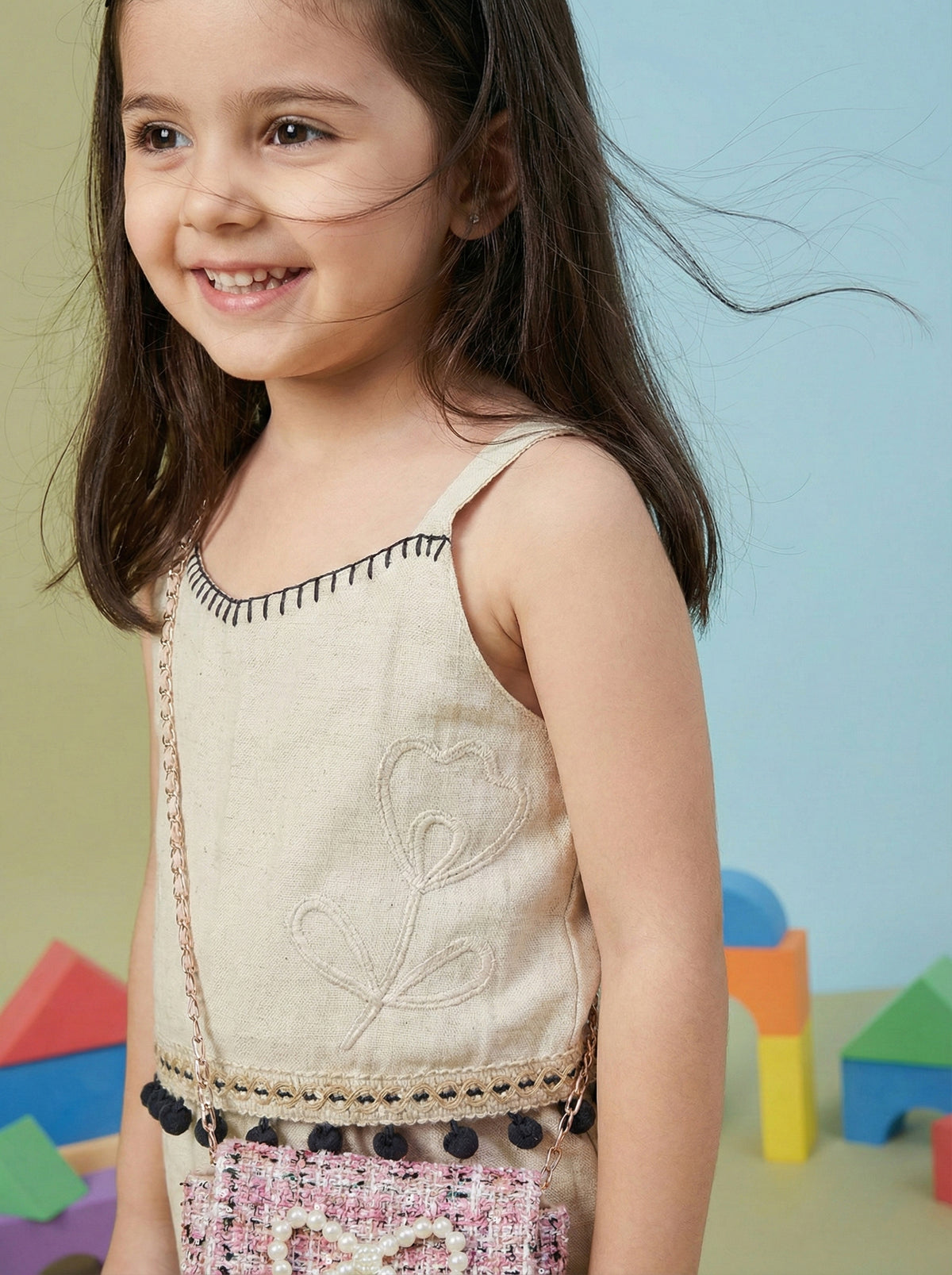 Girls Beige Floral Embroidered Sleeveless Top with Pom Pom Lace Wide Leg Pants Co-Ord Set